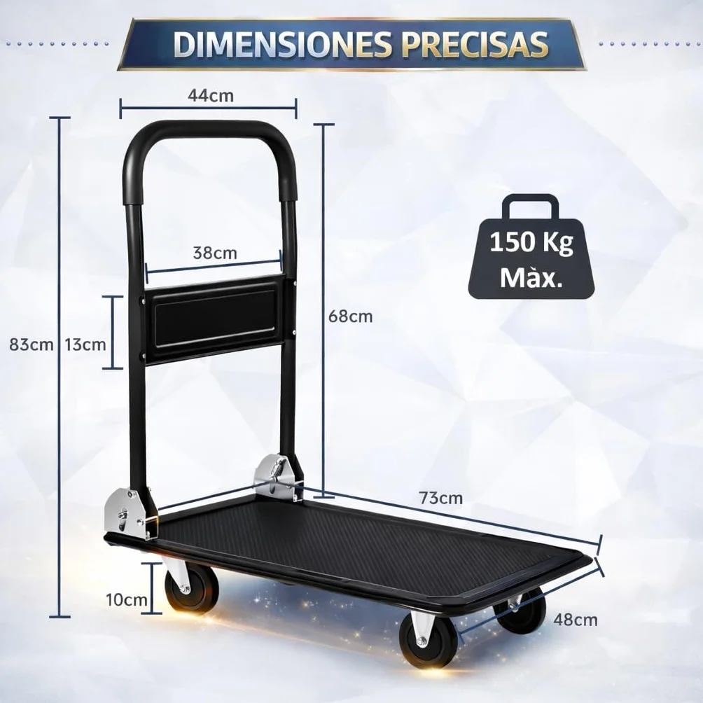 Carro de Plataforma Transporte Industrial Plegable 150kg Negro