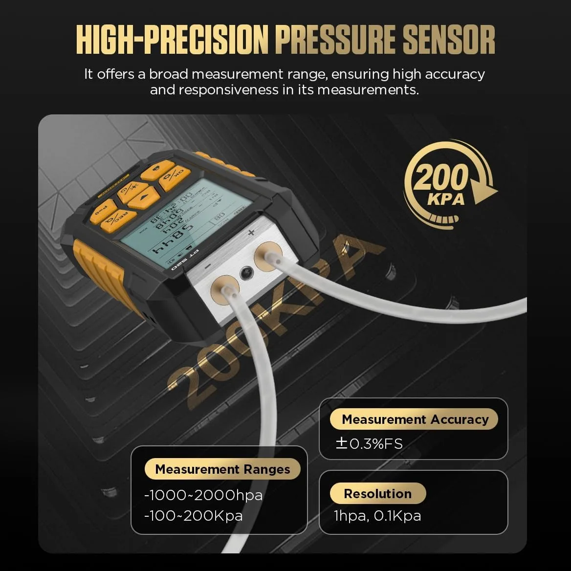 Manómetro digital de alta precisión para presión diferencial, con una precisión de ±0,3% del fondo de escala, 10 unidades de medida y un rango de -100 a 200 kPa, Almacenamiento para automóviles