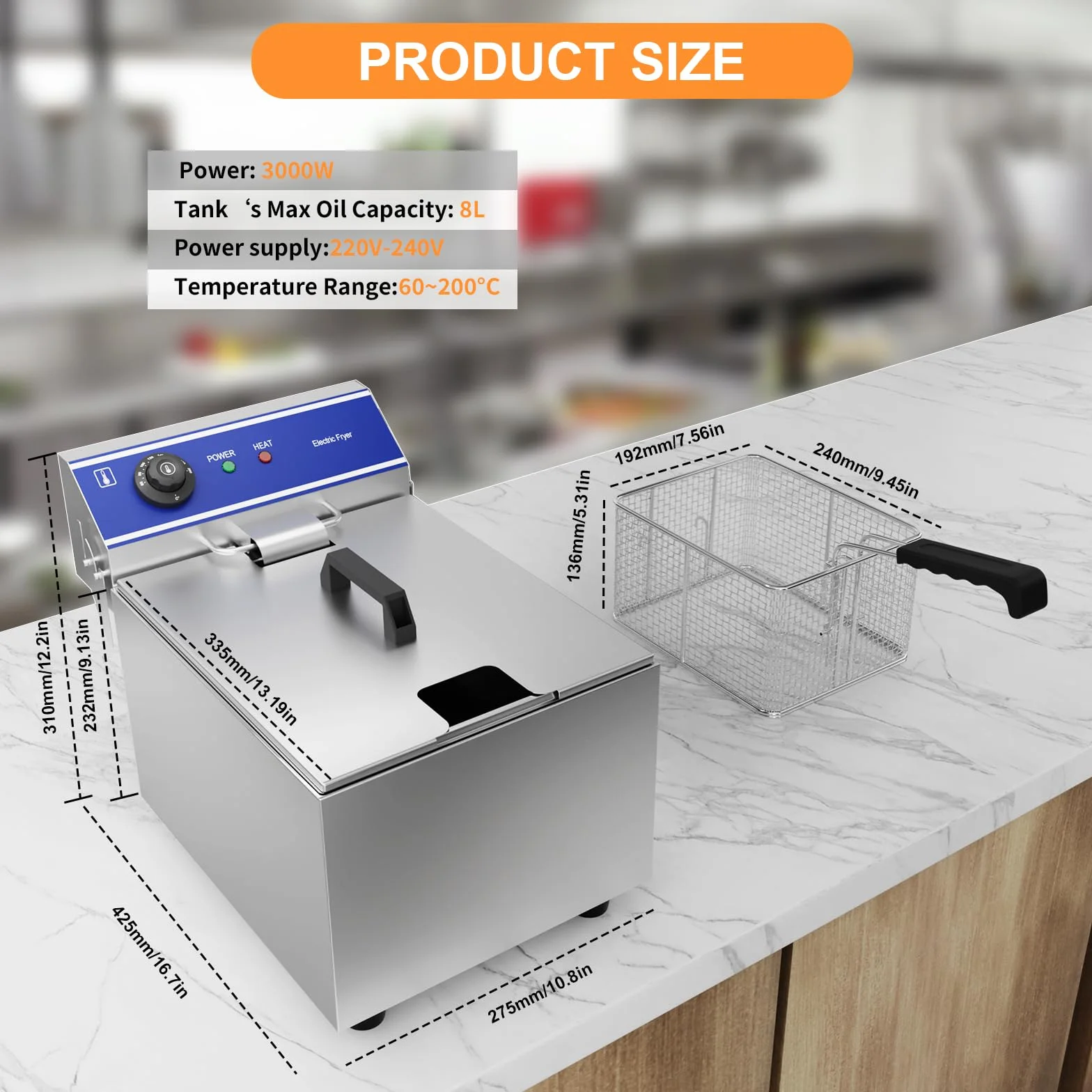 TAIMIKO Freidora eléctrica comercial de acero inoxidable 3000W 220V-240V Termostato 60-200°C