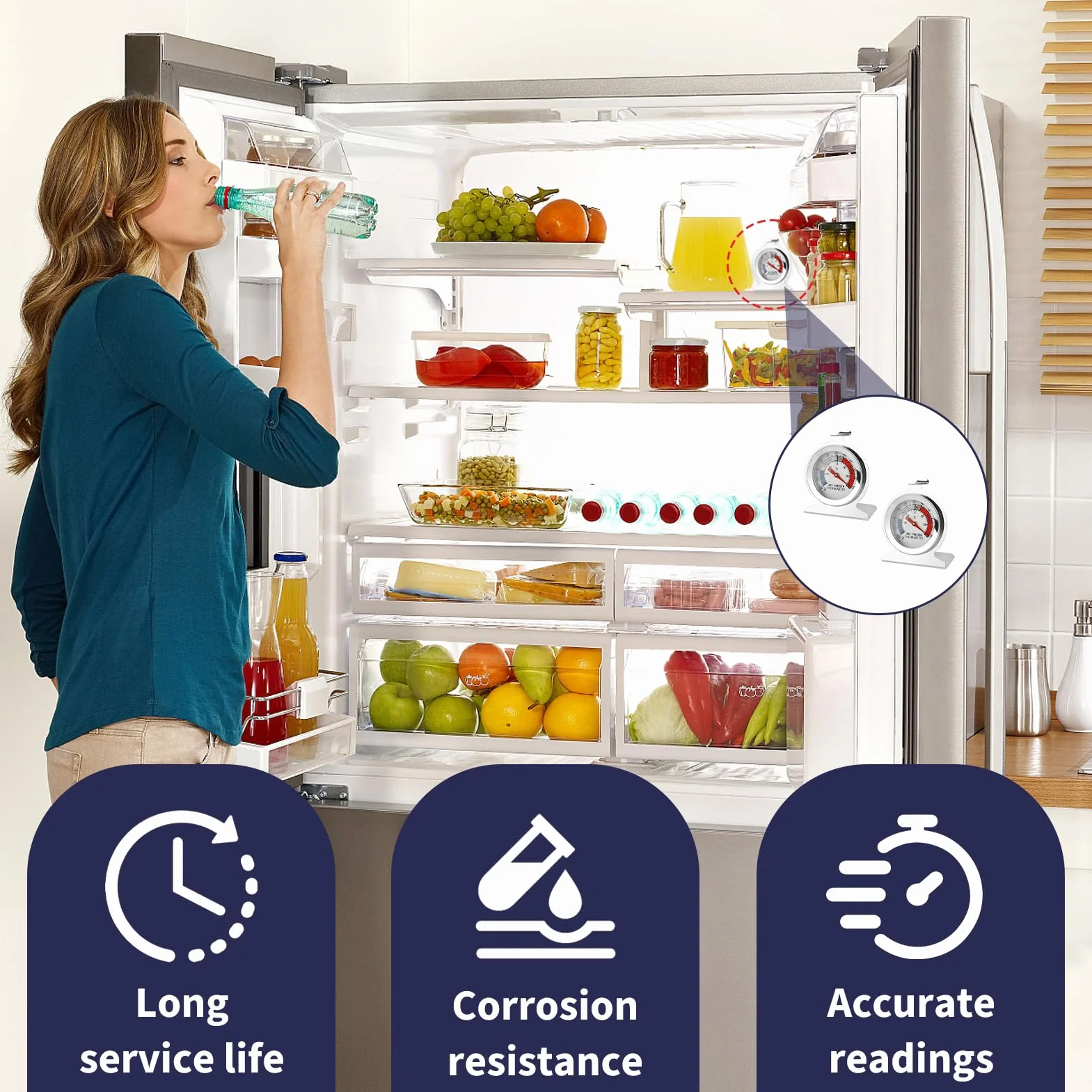 Termómetro para Congelador Acero Inoxidable -30 a 30°C, Gancho para Colgar, 2 Piezas