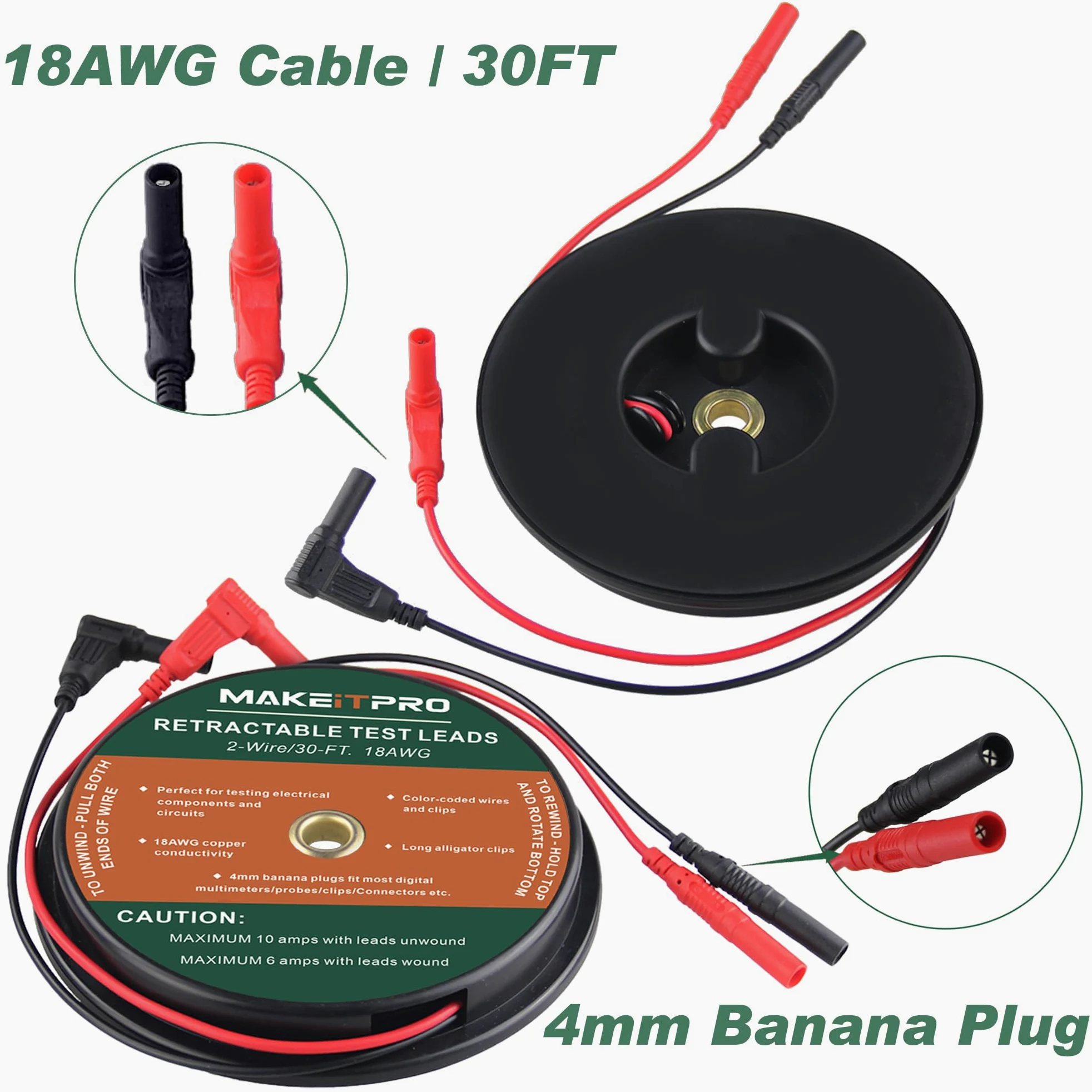 2 cables de prueba retráctiles de 30 pies y 18 AWG con bolsa de cable y clips de cocodrilo eléctrico de doble extremo, sonda de prueba, cables de alambre para conexión de circuito/pruebas
