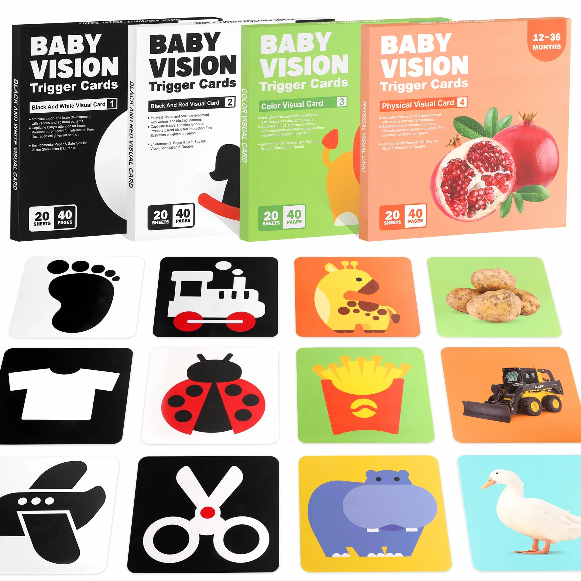 Tarjetas de Estimulación Visual Bebé 80 Piezas Blanco y Negro Alto Contraste 0-36 Meses