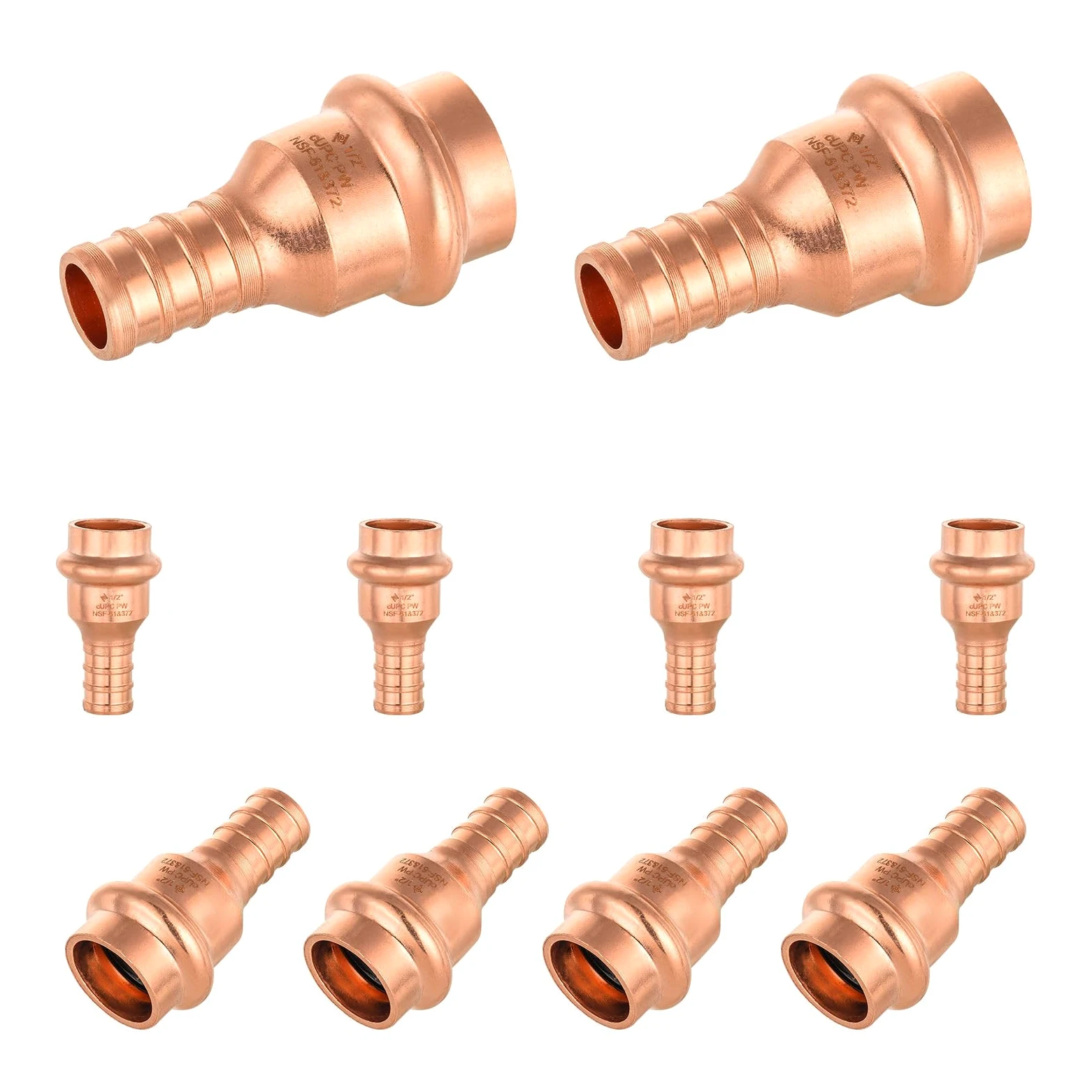 Paquete de 10 Conectores Foskan de 1/2" PEX con engaste x 1/2" de Cobre a presión, Accesorio de tubería de conexión a presión, diseño LBP para tubería de Cobre.