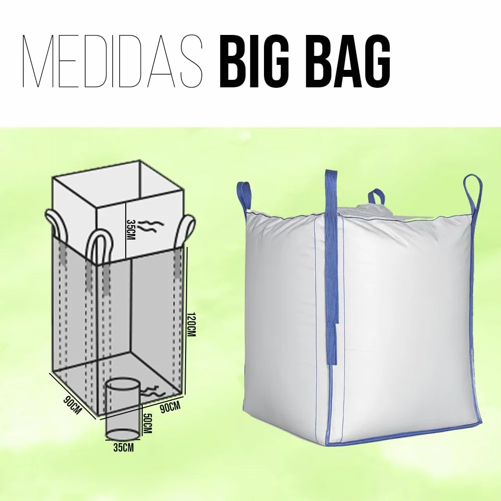 Saco Big Bag 1000kg con boca de vaciado y asas reforzadas 90x90x120cm, sacos para escombros, bolsa jardin, obra, almacenaje y transporte de materiales, resistente, reutilizable y duradero. (10 Uds)