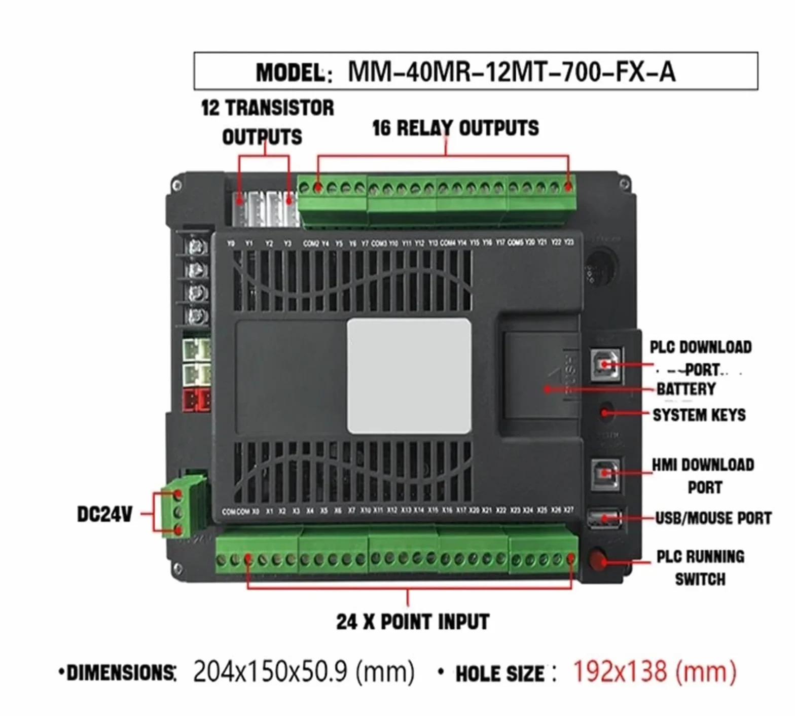 PLC HMI Todo en uno de 7" Controlador lógico programable Integrado con Pantalla táctil, Entrada y Salida de señal analógica incorporada(40MR-12MT-700-FX1N-C)