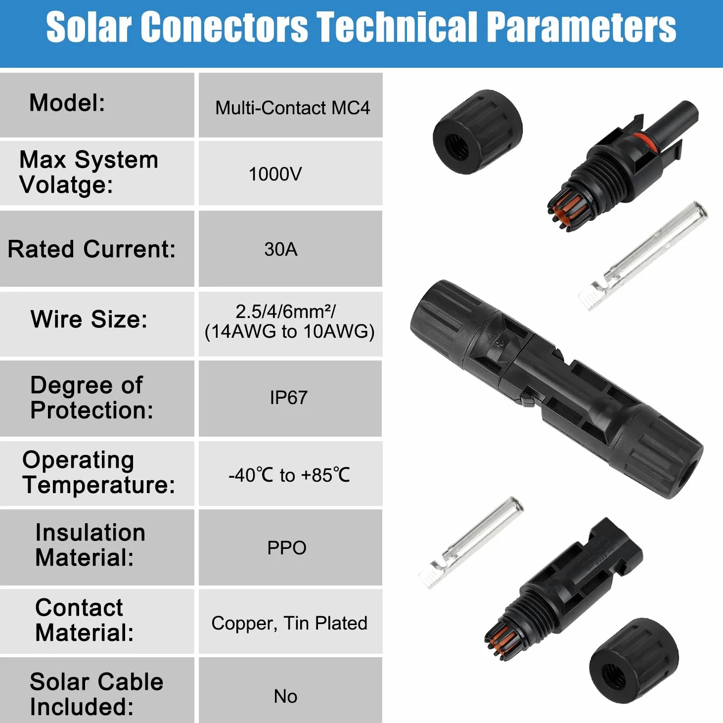 Conectores solares, 50 pares de conectores MC4, conectores de panel solar, IP67 1000 V 30 A, impermeables, macho/hembra, conectores de cable de panel solar (50 pares de conectores para 2,5/4/6 mm² con