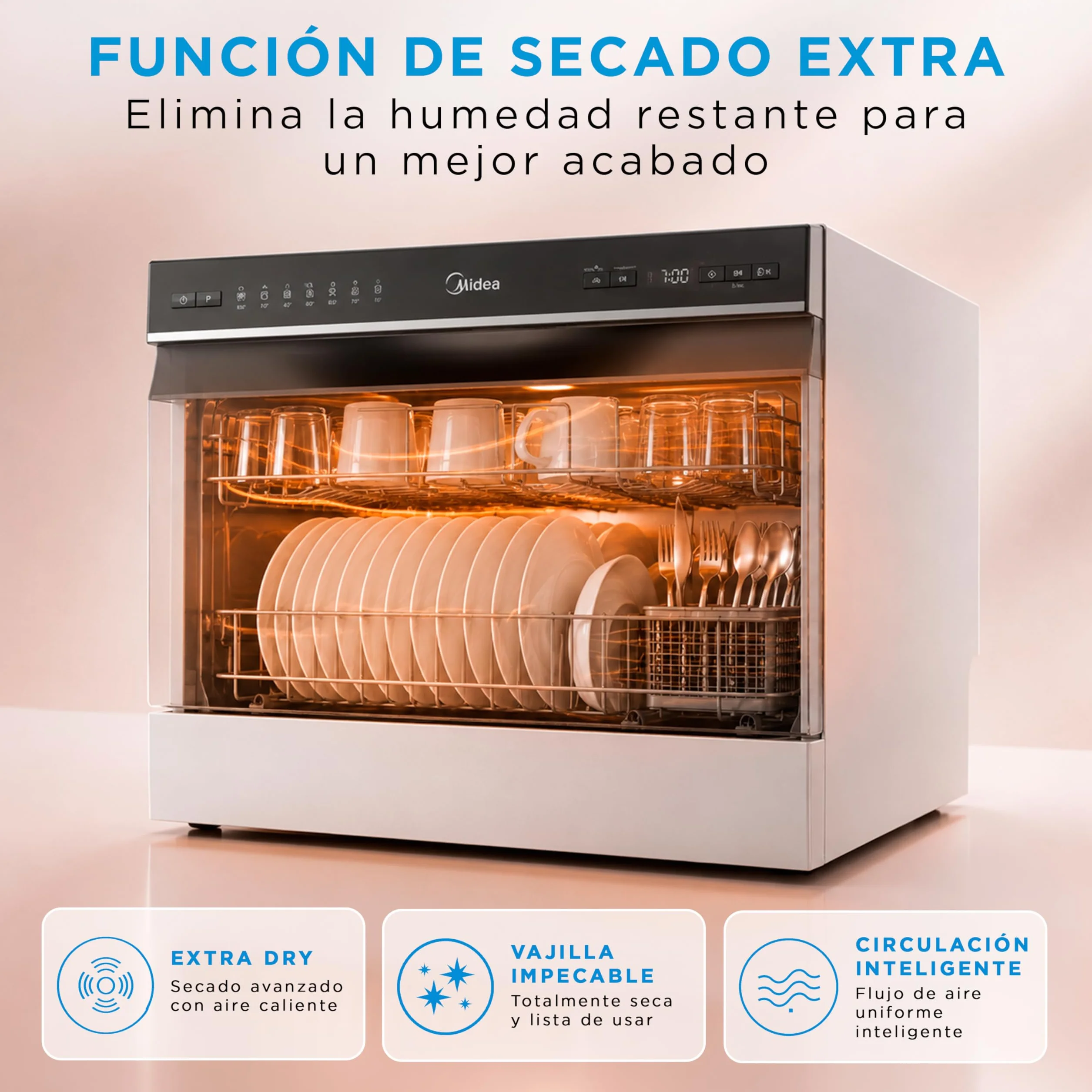 Midea Lavavajillas Pequeño Blanco 55cm 6 Servicios Compacto Portátil sin Instalación App Control 6 Programas ECO Filtro Antibacterias Secado 49dB