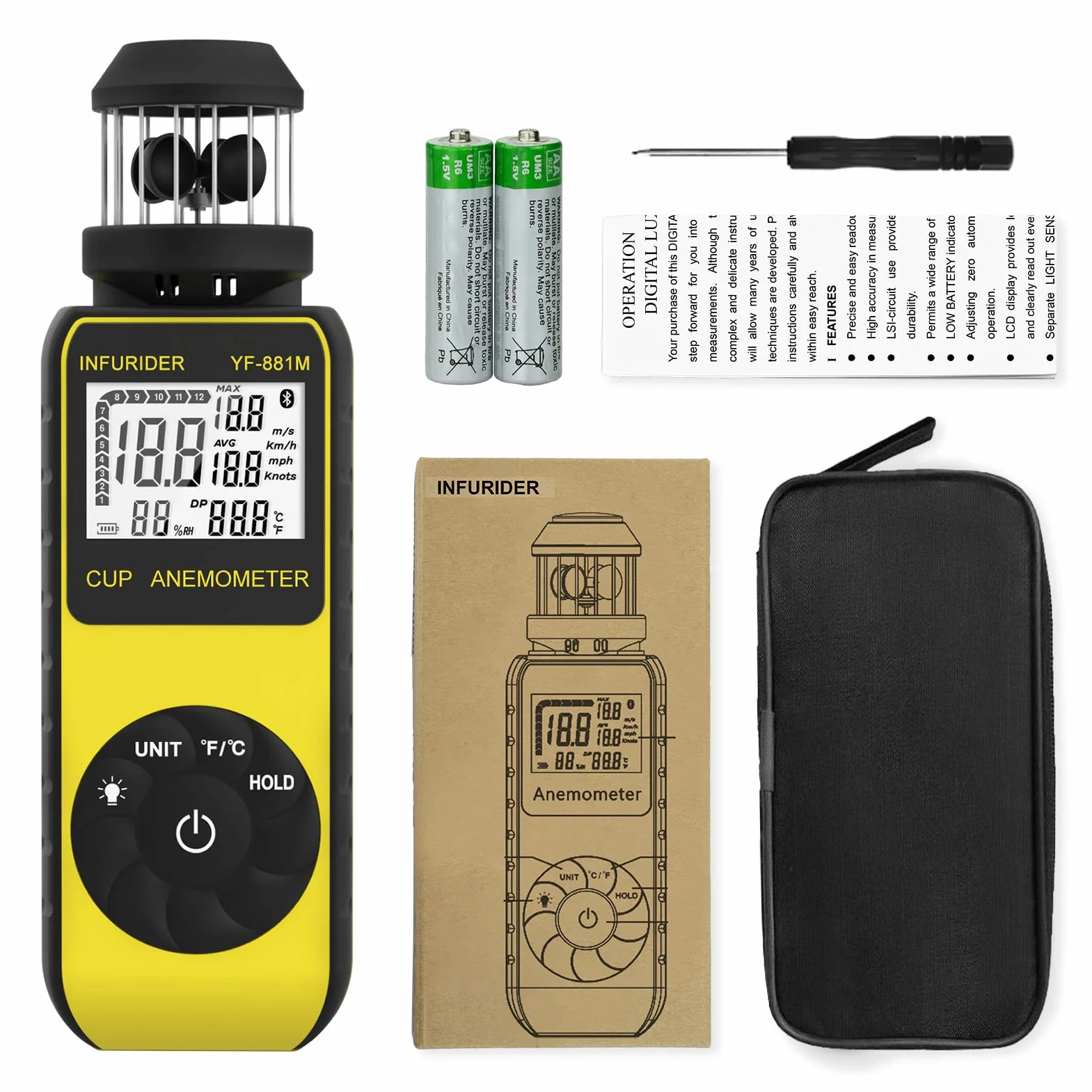 INFURIDER Anemómetro Portátil Digital Medidor de Viento con Brújula Velocidad Temperatura Aire Exterior