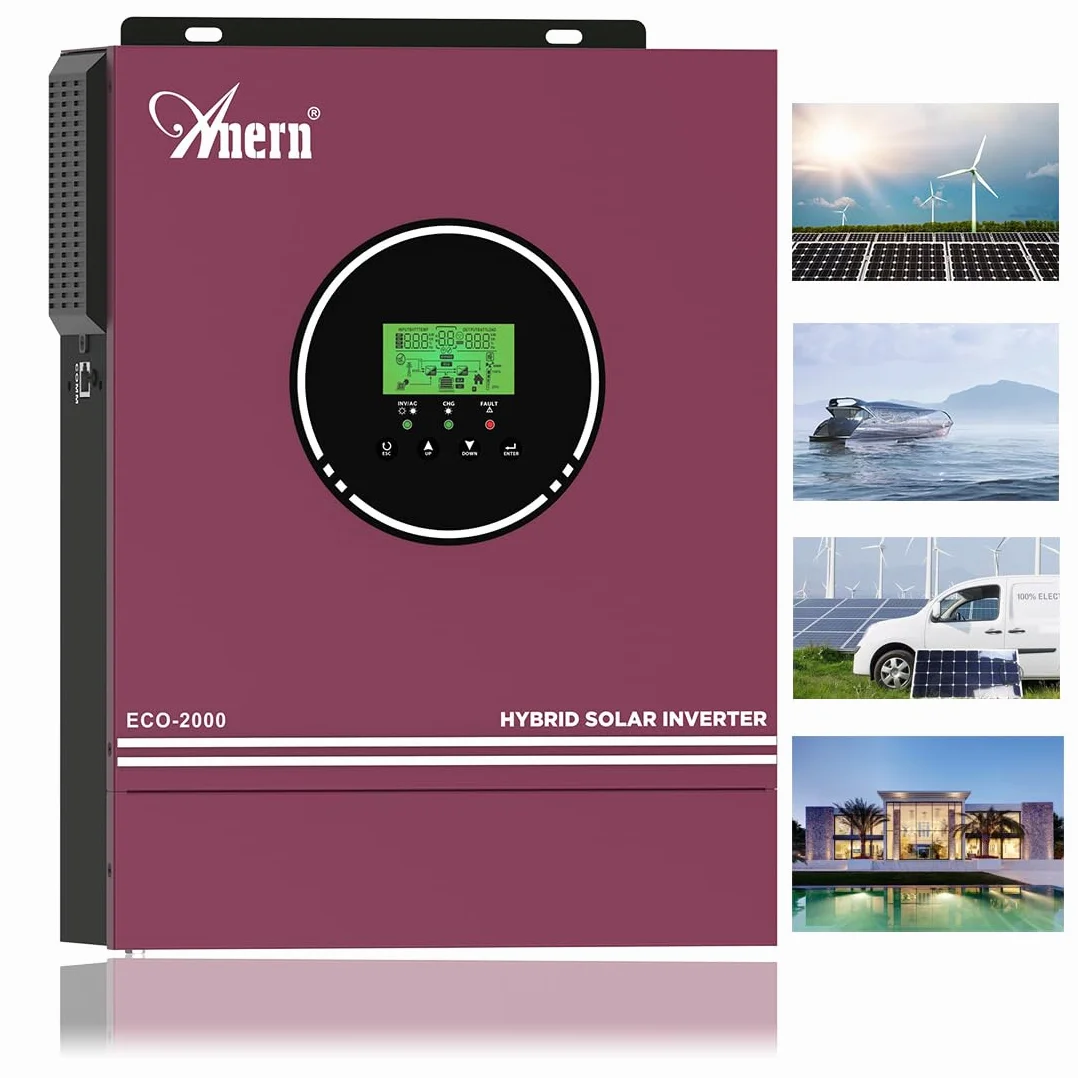 Anern 2KW Inversor Solar Híbrido 12V DC a 230V AC Inversor híbrido Fuera de la Red Com 80A MPPT Controlador Solar Entrada PV Máx.400V Funciona con Baterías de Plomo y Litio