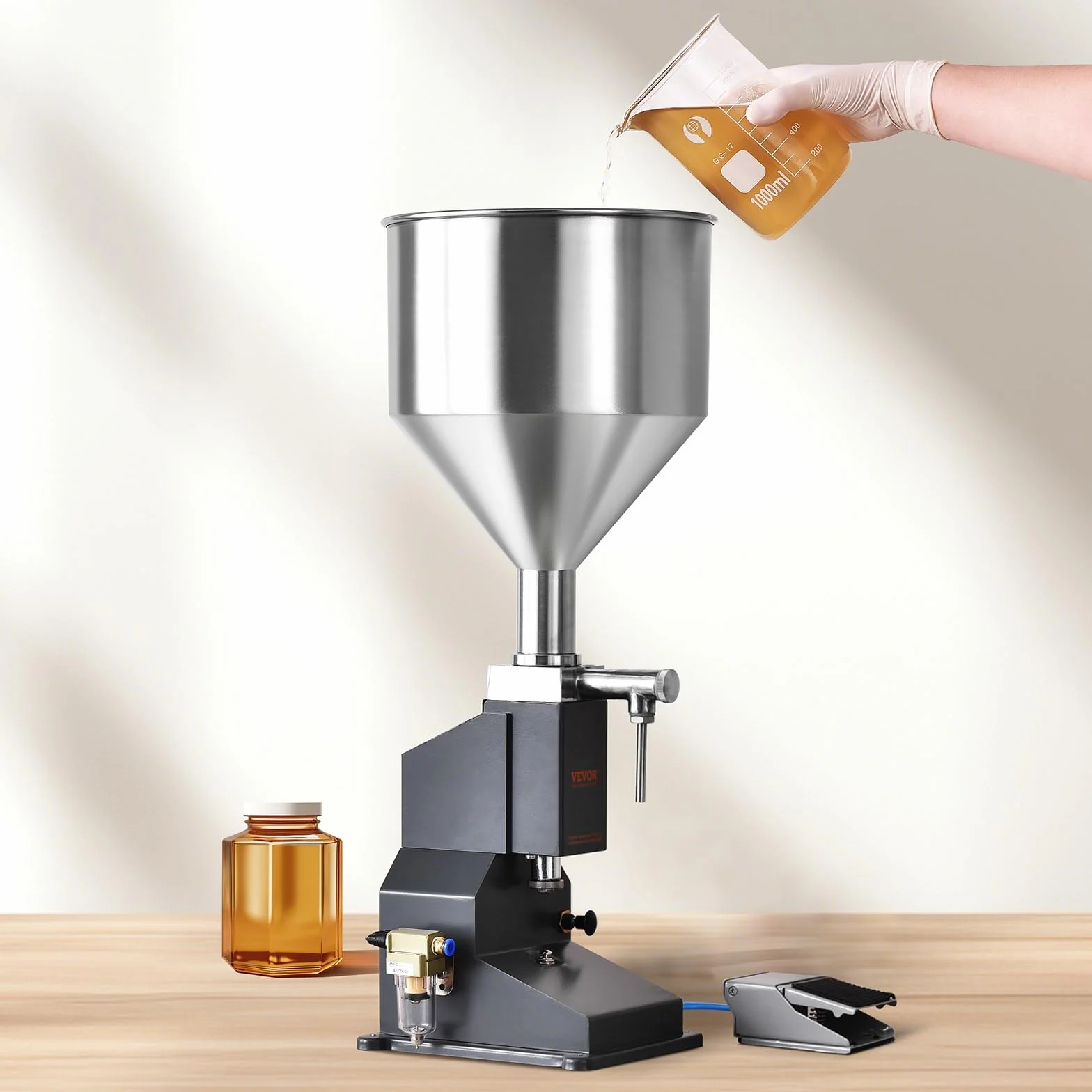 VEVOR Máquina de Llenado de Líquidos Pasta Neumática Llenadora de Botellas de Acero Inoxidable de 5-50 ml con Pedal para Leche, Agua, Zumo, Aceite Esencial, Champú, Miel, Loción Cosmética