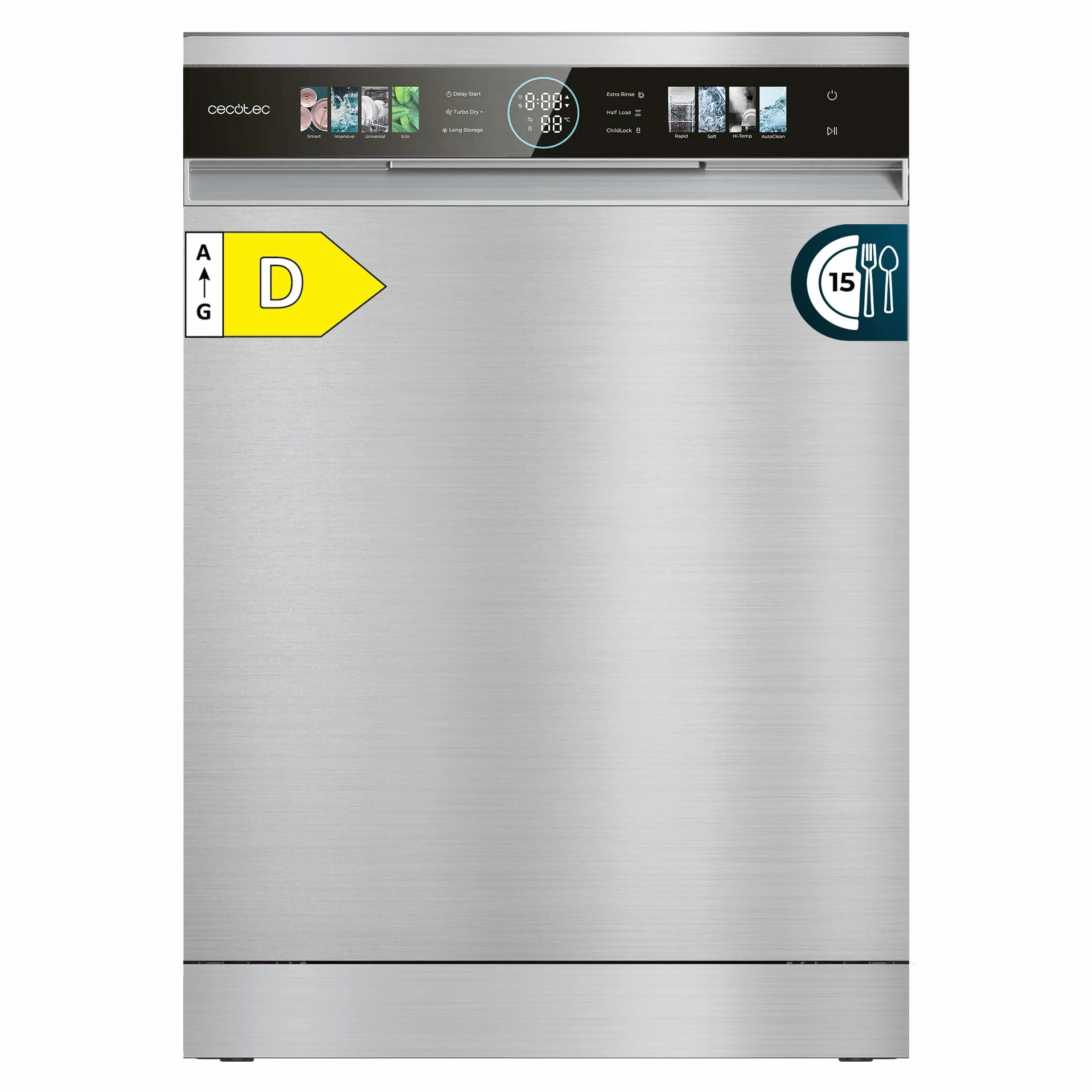 Cecotec Lavavajillas Compacto 60 cm Bolero Aguazero 6320 Inox D, 1900W, 15 Cubiertos, 8 Programas