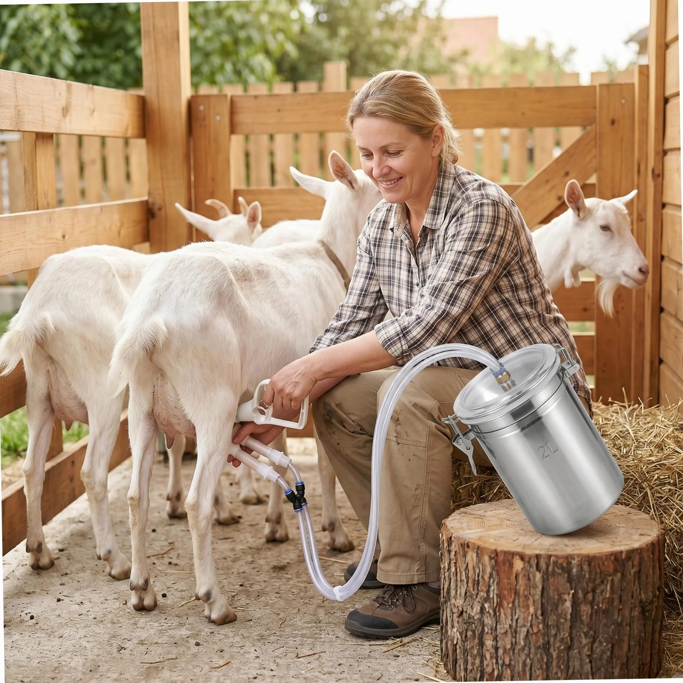 Máquina de ordeño, máquina de ordeño manual para cabras, diseño de doble cabezal, cubo de acero inoxidable de 2 litros, de portátil con bomba manual, para cabras, vacas y
