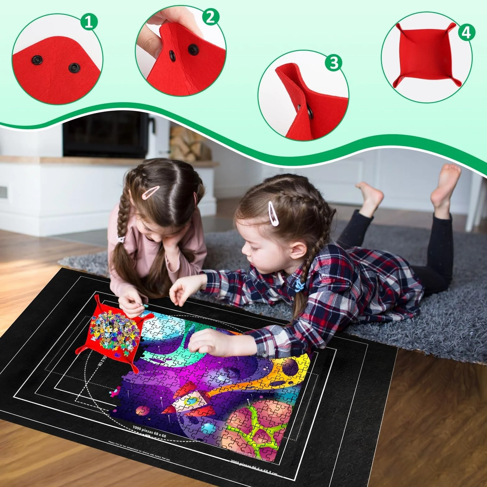 VFANDV Tapete Puzzle Fieltro para 1000 3000 Piezas Jigsaw Puzzle Mat Roll Portátil con 4 Clasificadores Negro