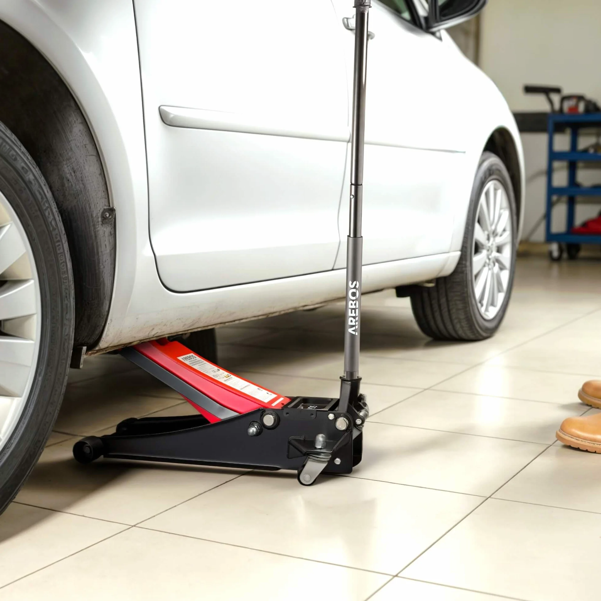 Arebos Gato hidráulico Plano 3T | 2 Soportes | 3 toneladas de Capacidad de Carga | 2 Soportes | Gato para Taller y aficiones | Gato para automóviles