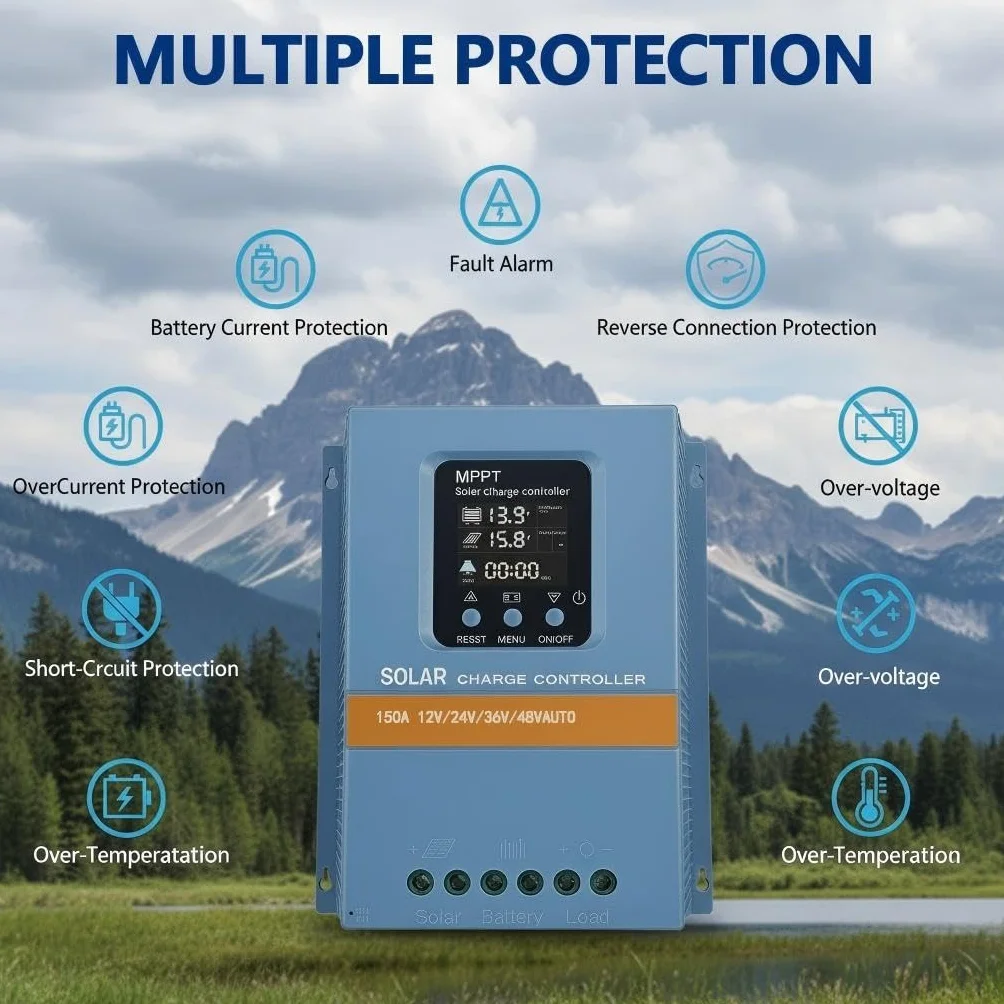 Regulador de carga solar MPPT de 150 A, 12 V/24 V/36 V/48 V, detección automática, pantalla LCD, protección contra sobrecarga para autocaravanas/camiones/sistemas de PV domésticos LiFePO4/batería de