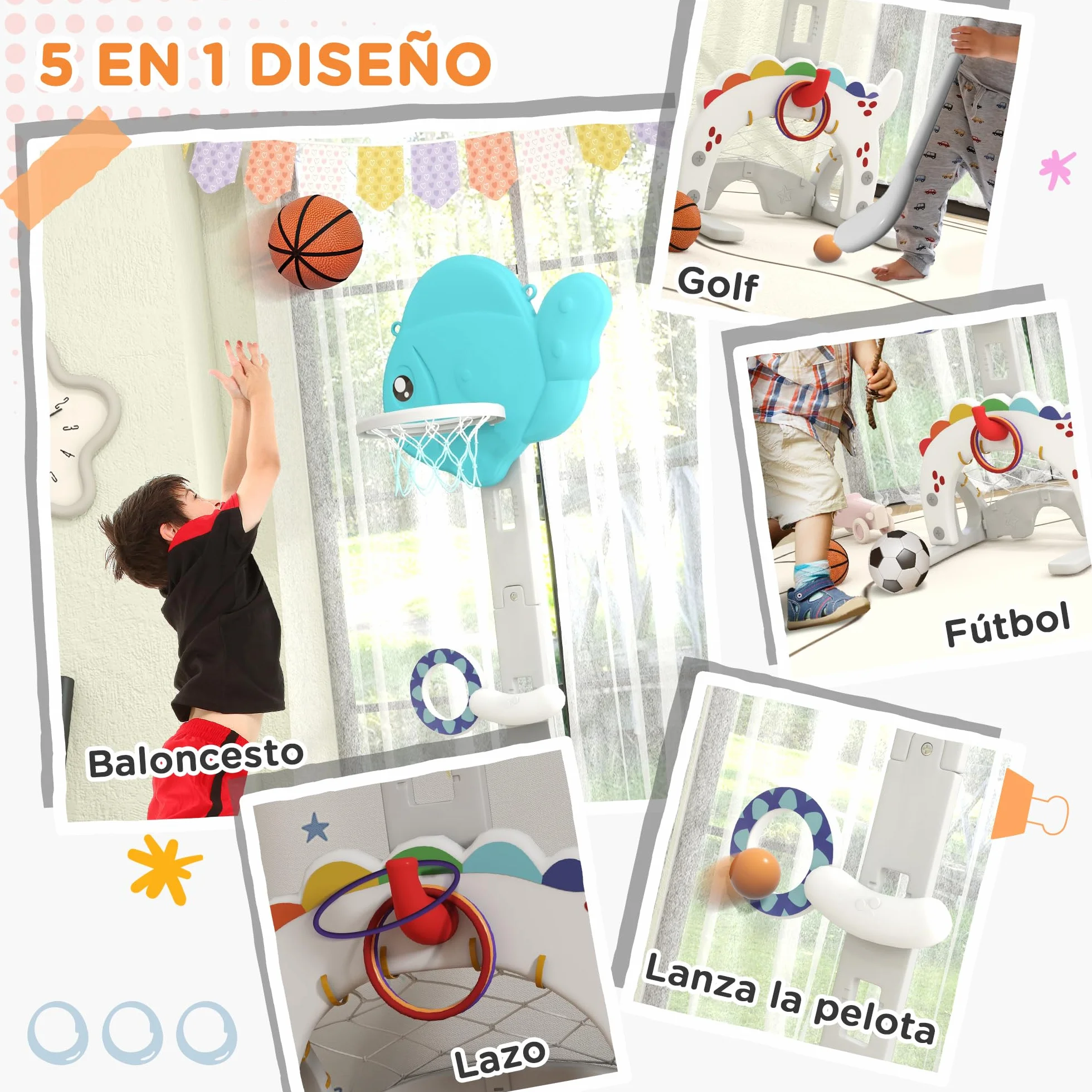 AIYAPLAY Canasta de Baloncesto Infantil 5 en 1 Altura Ajustable con Temática de Pez Dorado Multicolor