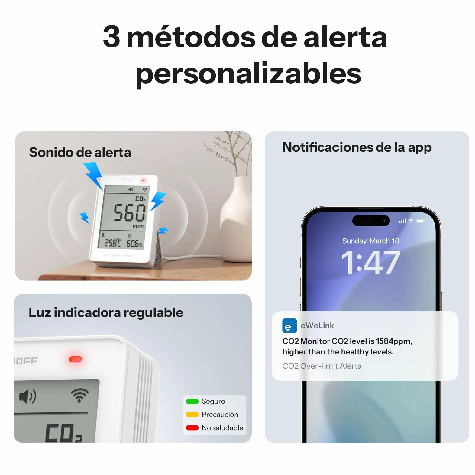 SONOFF AirGuard CO2, Monitor Inteligente de Calidad del Aire, Compatible Matter, WiFi 2.4GHz, Detector de CO2/Temp/Humedad, Display y Alarma en Tiempo Real, para Dormitorio/Habitación Infantil
