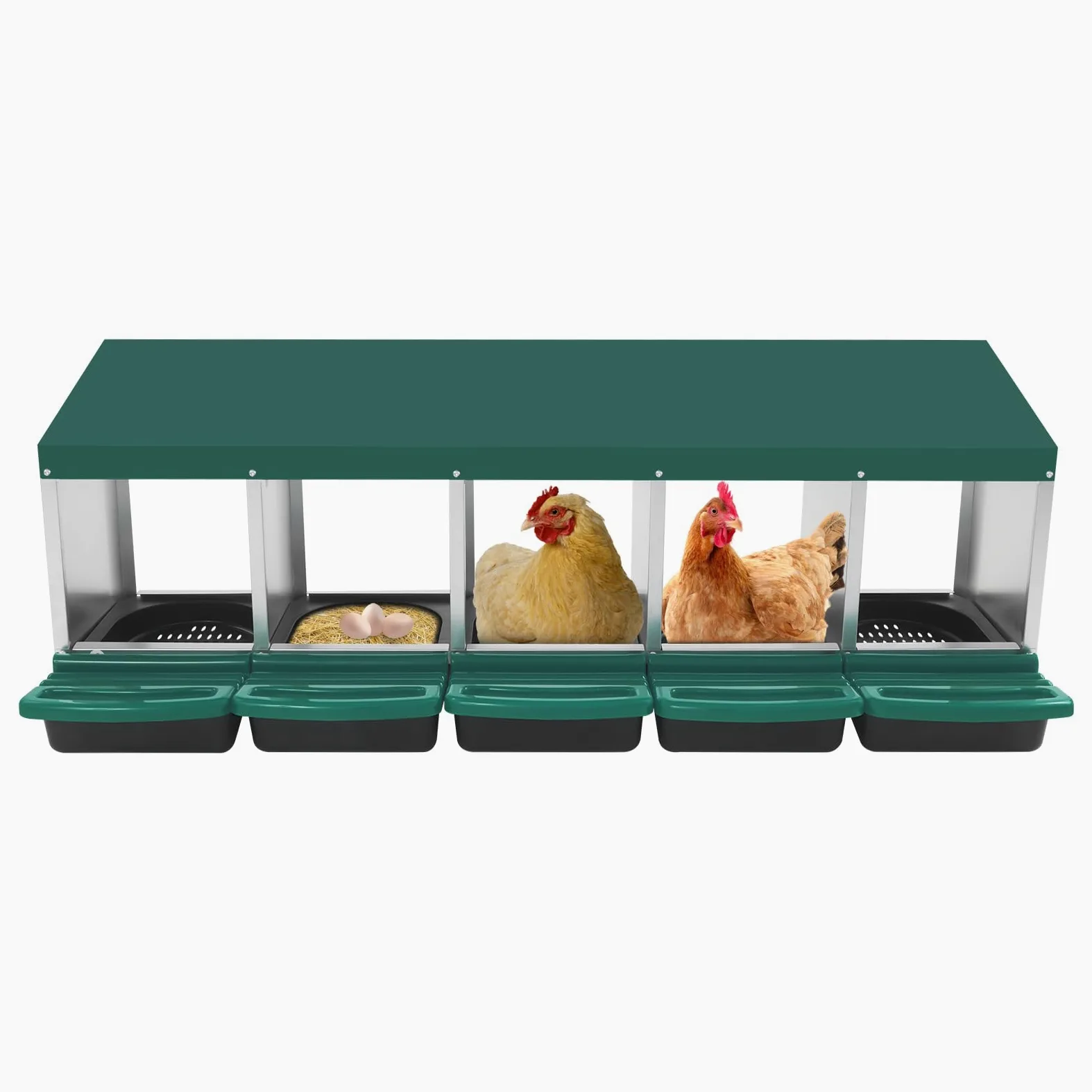 Nido para pollos, 5 compartimentos, nido de pollo de acero galvanizado y plástico, con pie en el suelo o en la pared, con toldo para gallinero y aves de corral