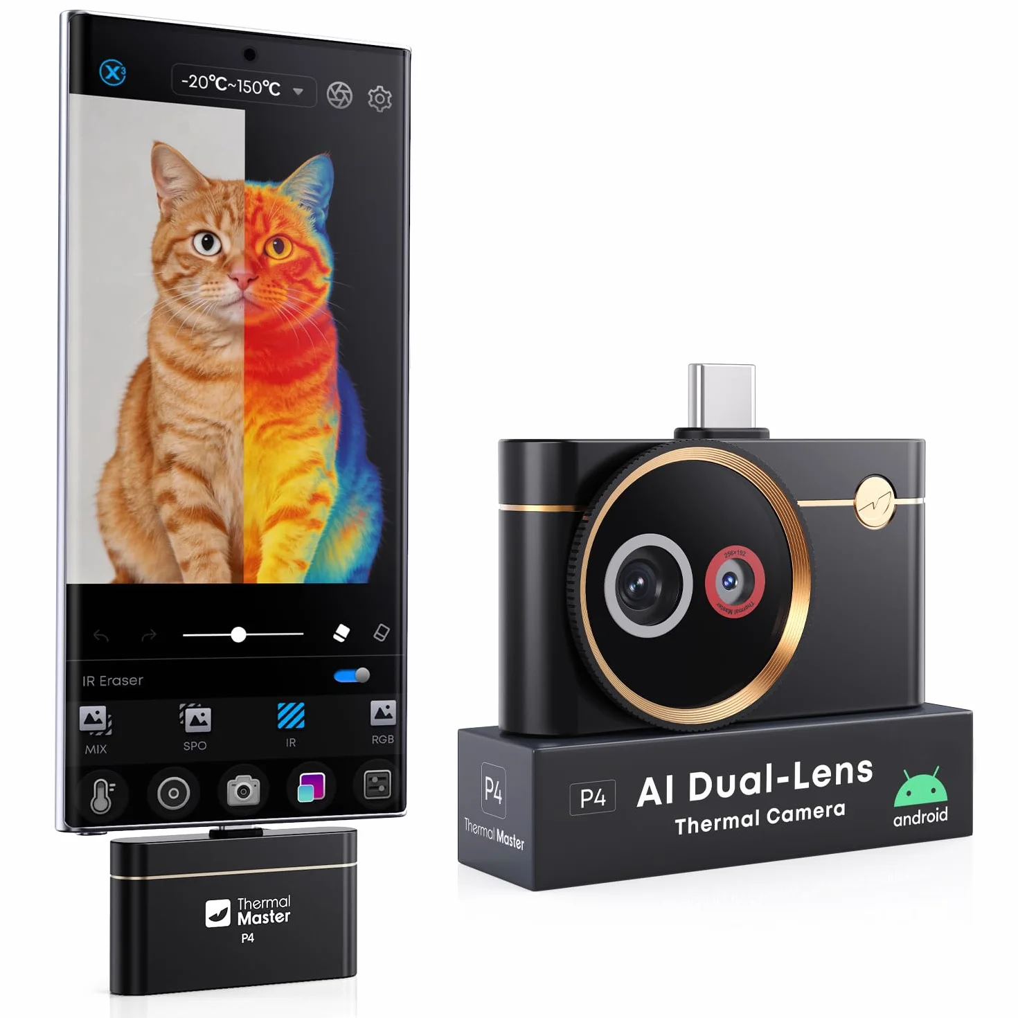 Cámara termográfica para Android Thermal Master P4 cámara infrarroja con doble lente 512 x 384 X³ resolución IR rango de temperatura -20 ℃-600 ℃, sensibilidad de 0,035 ℃, adecuada para inspección