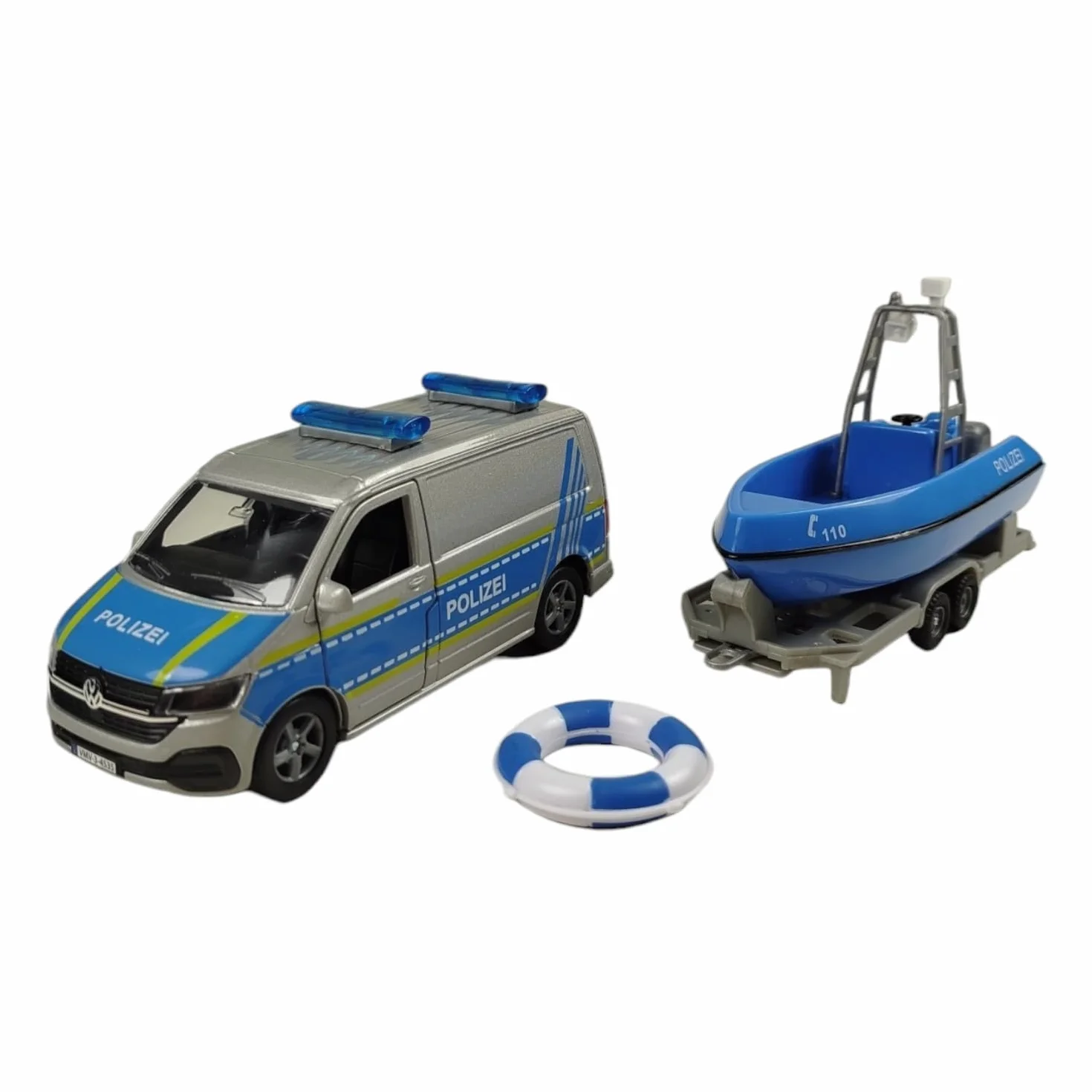 Kids Globe Volkswagen Transporter Policía Barco Die Cast Pull Back 29 cm Juguete Azul