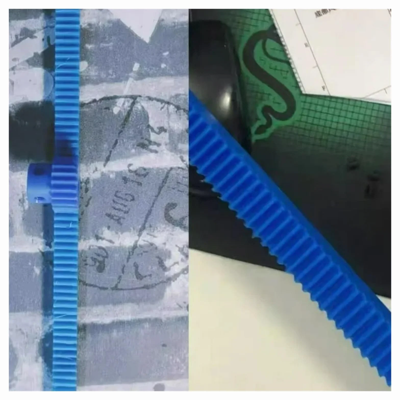 Cremallera de plástico azul Xuro 0,5-2 módulos, dientes rectos 300-500 mm