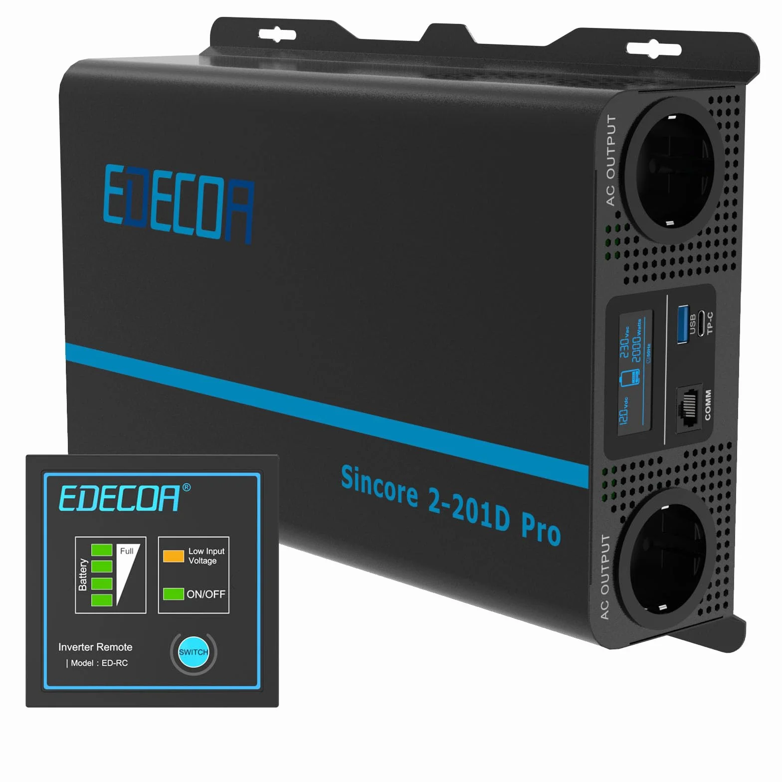 EDECOA Inversor 12v 220v Onda Pura 2000w con Mando a Distancia, LCD, USB Type-C, Ventiladores silenciosos, Compatible con baterías Gel, Agm, Litio para caravanas, Barco, Coche, Paneles solares