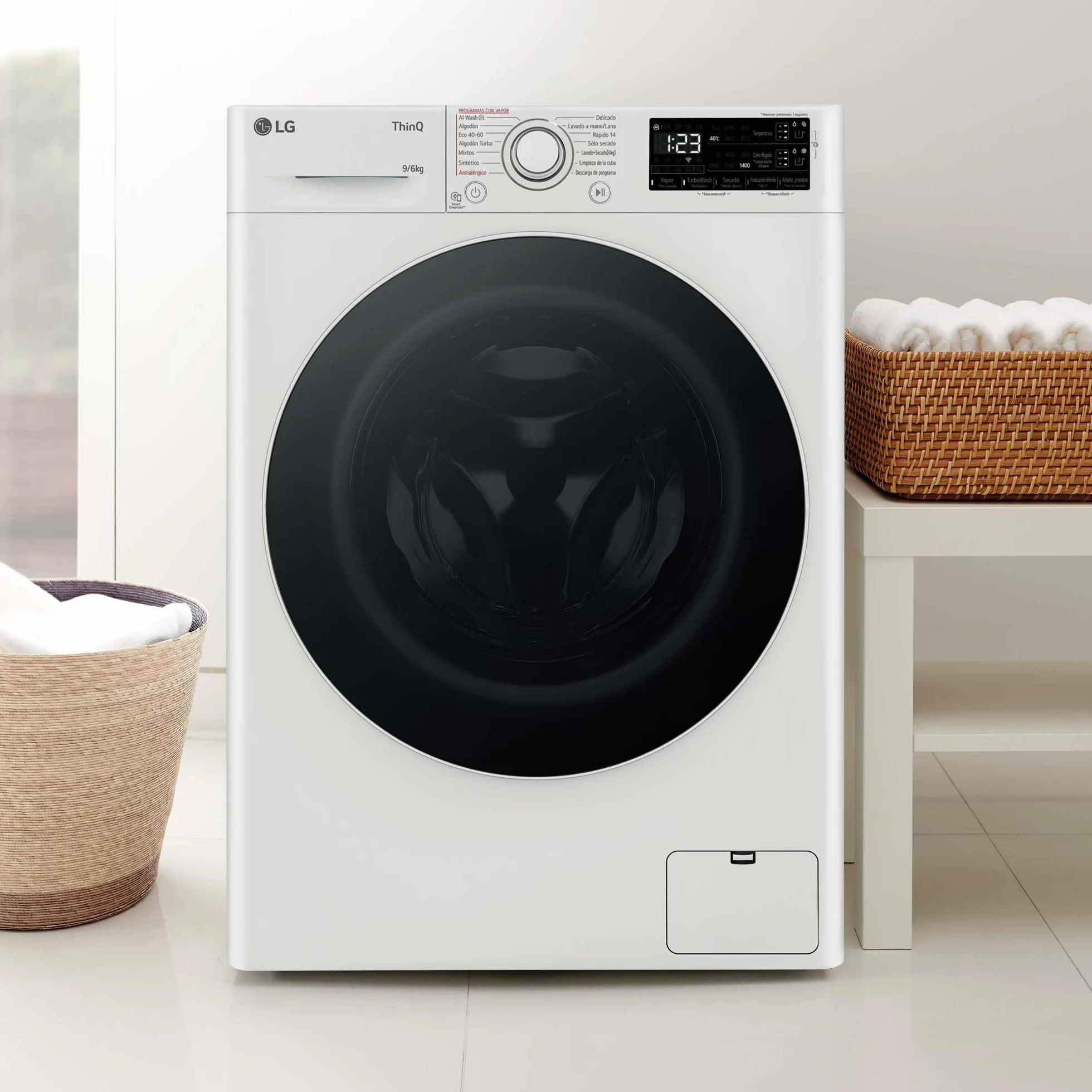 LG Lavadora Secadora Inteligente Direct Drive 9/5kg 1400 rpm Autodosificación Vapor Steam Wi-Fi ThinQ Serie 550 Blanco