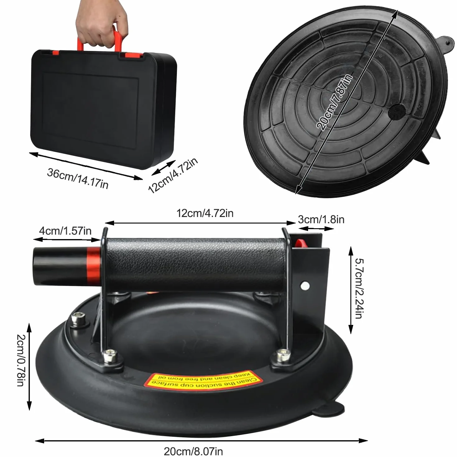 2 Piezas 8" Ventosas para Cristal 200KG, Ventosa de Vacío con Caja de Transporte