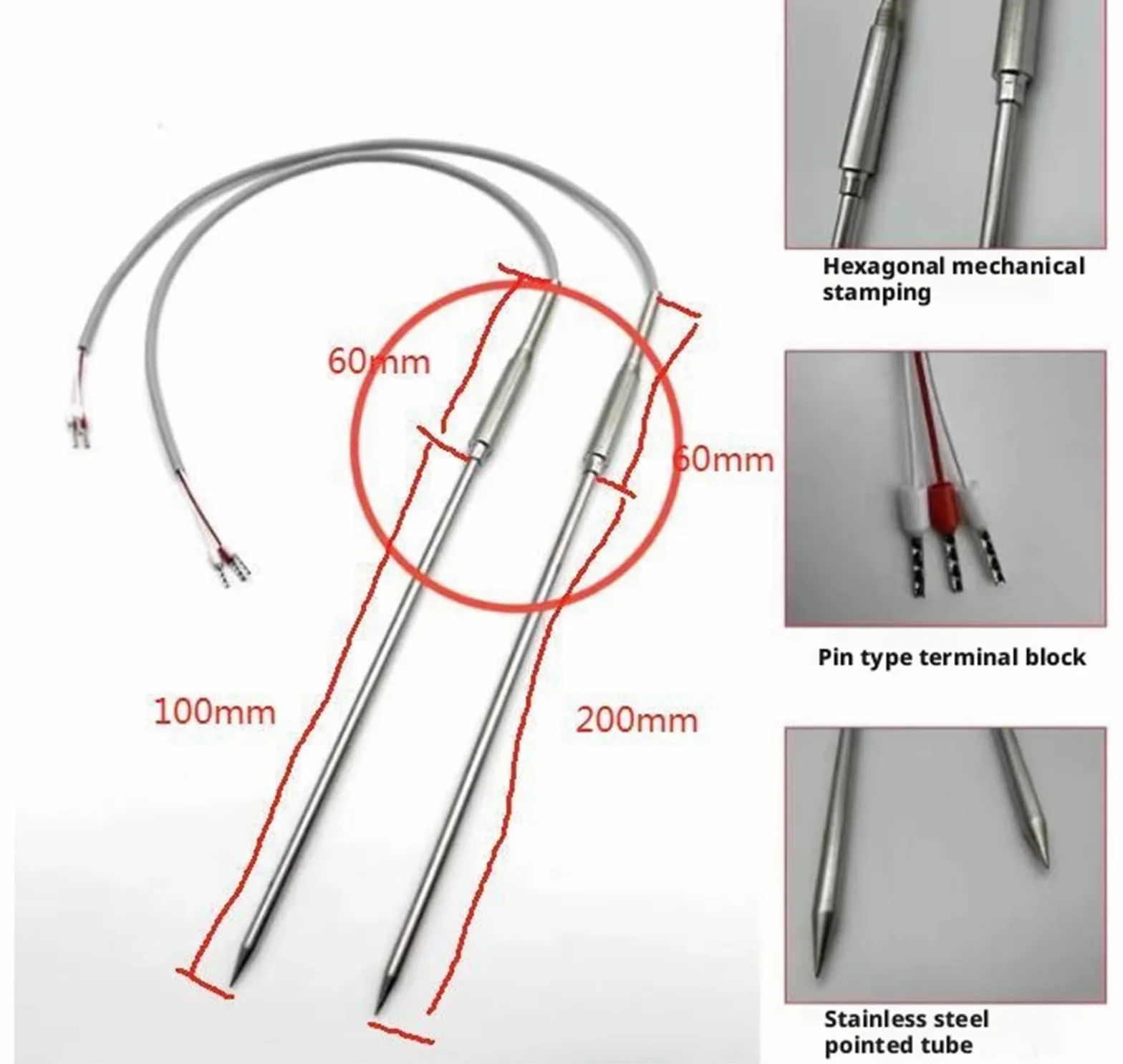 NTCPT100PT1000 Clase A Sensor de Temperatura 4X100mm Cable con Punta de Aguja Cable blindado 1-8m Metro(PT100-4X200mm-10m)
