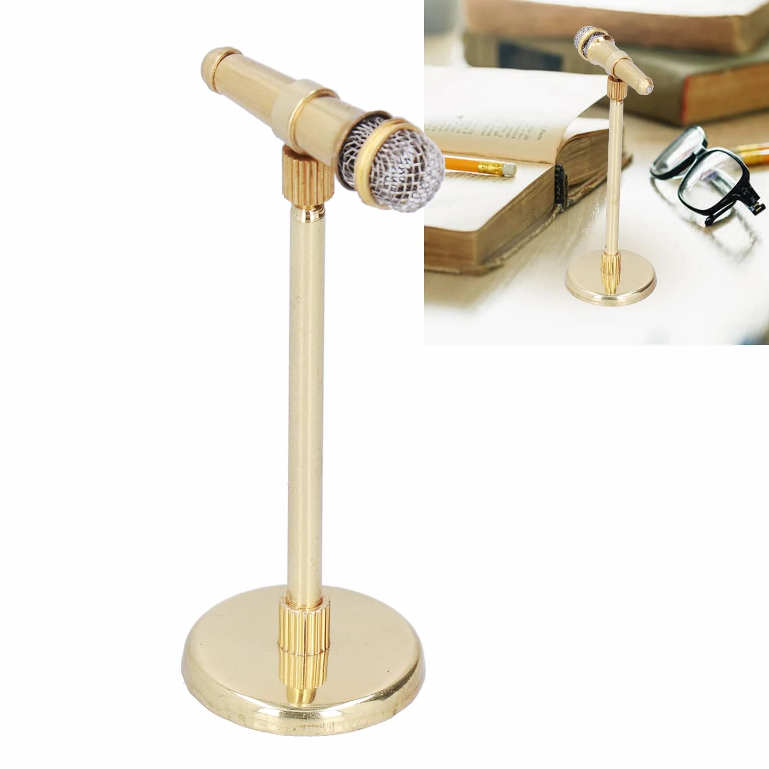 Micrófono en Miniatura de 8 cm, Mini Instrumento Musical, Soporte Dorado con Caja