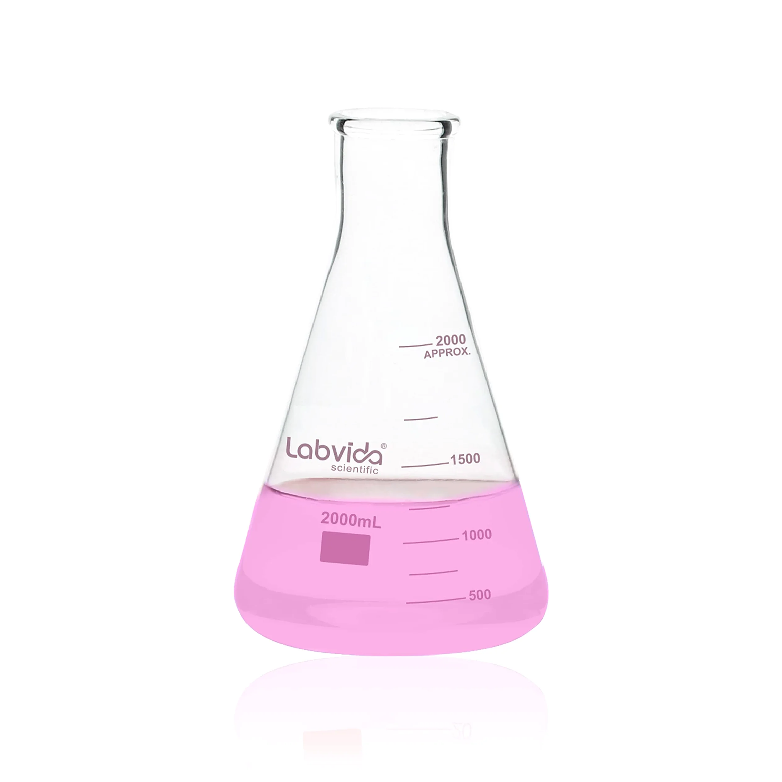 Frascos Erlenmeyer de vidrio de boca estrecha, Vol.2000ml, 3.3 Borocilicato con graduación impresa, LVC010