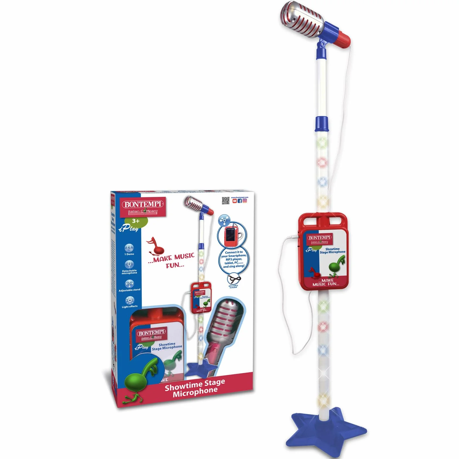 Bontempi MP3Stage Mic Micrófono de Escenario con Conexión MP3, Estrella Azul, 210x210x1200 mm