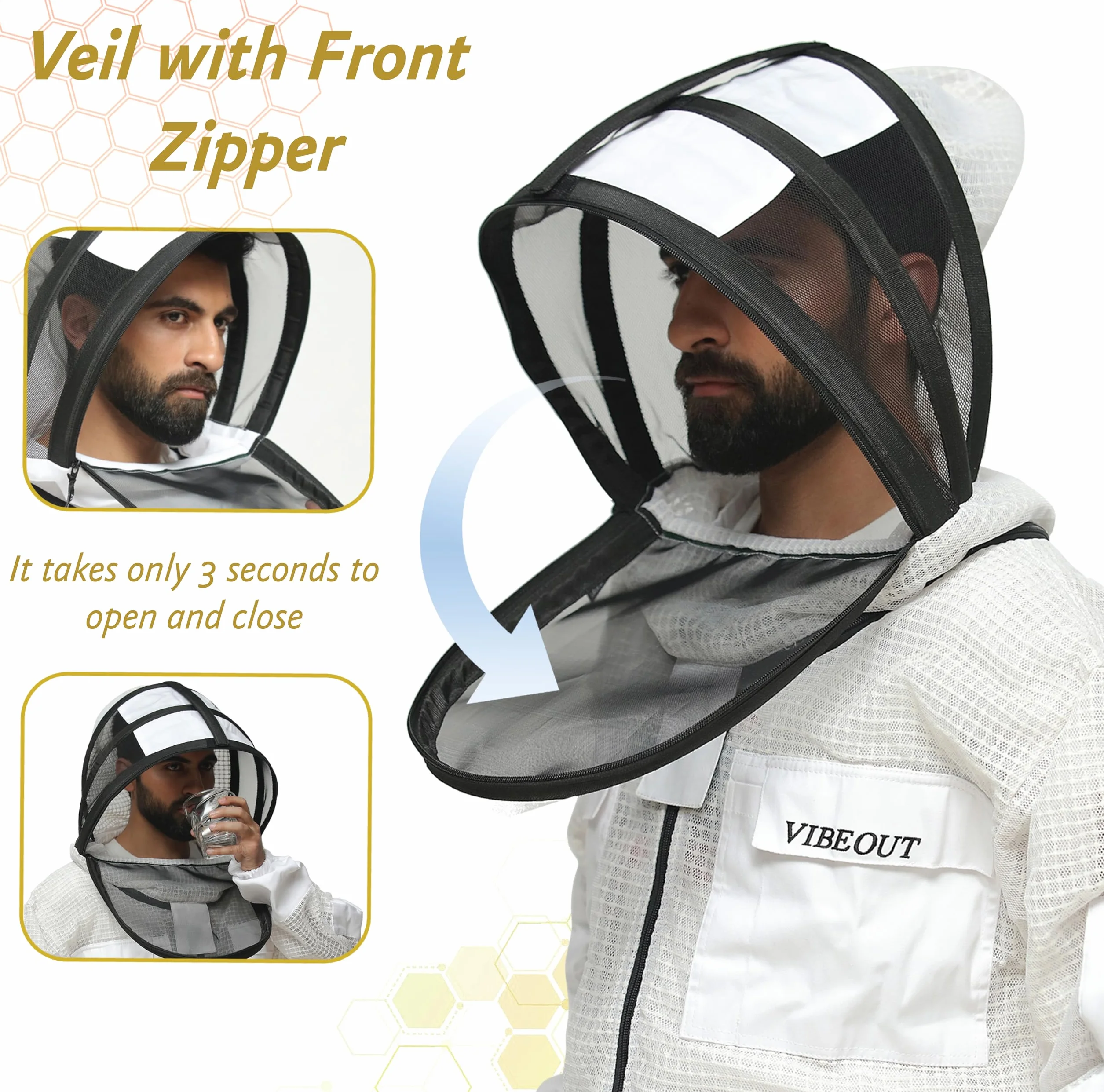 Traje de abeja Ultra ventilado 3 capas Premium Mesh Mono de apicultor Hombre Mujer Velo de esgrima Mono de apicultor anti picadura Profesional Traje de avispa Equipo de protección (Blanco, Large)
