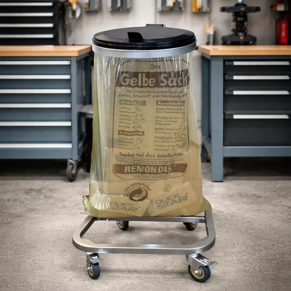 QUICK STAR Soporte para Bolsas de Basura con Tapa y 4 Ruedas | Porta Bolsas de Basura Metálico 120 litros | Robusto Acero Galvanizado | Bolsa Amarilla 120L | Contenedor de Residuos Móvil