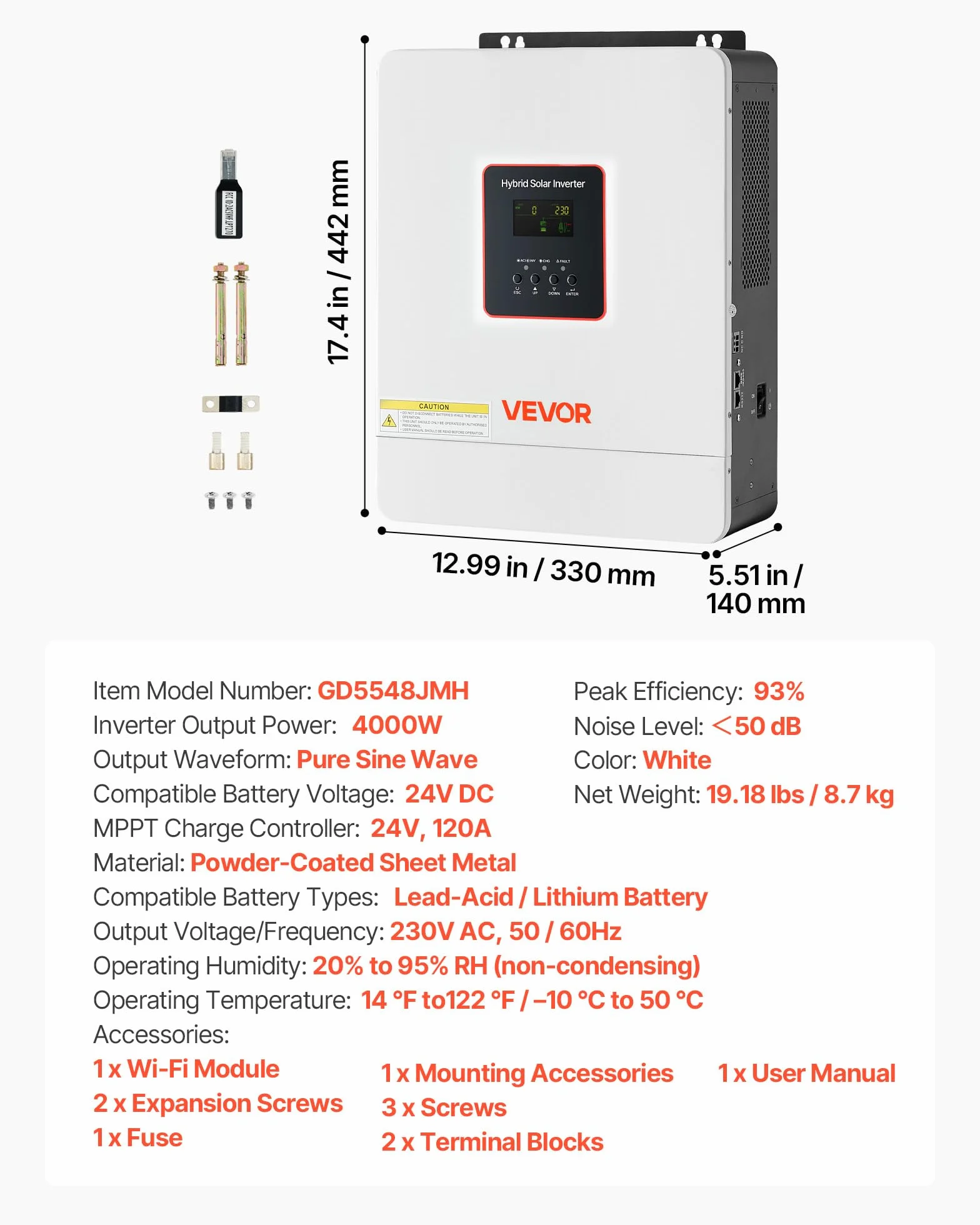 VEVOR Inversor Solar Híbrido 4000 W, Onda Sinusoidal Pura, Controlador MPPT Integrado 120 A, Módulo Compatible con Wi-Fi, Batería de Plomo-Ácido de Litio para Sistemas Solares Aislados de la Red