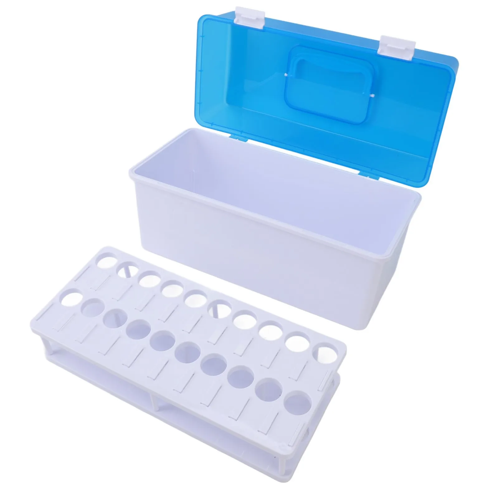 Caja de almacenamiento de tubos de ensayo con asa portátil, tapa a prueba de polvo, capacidad para 20 soportes para tubos de ensayo, para laboratorios de investigación científica,