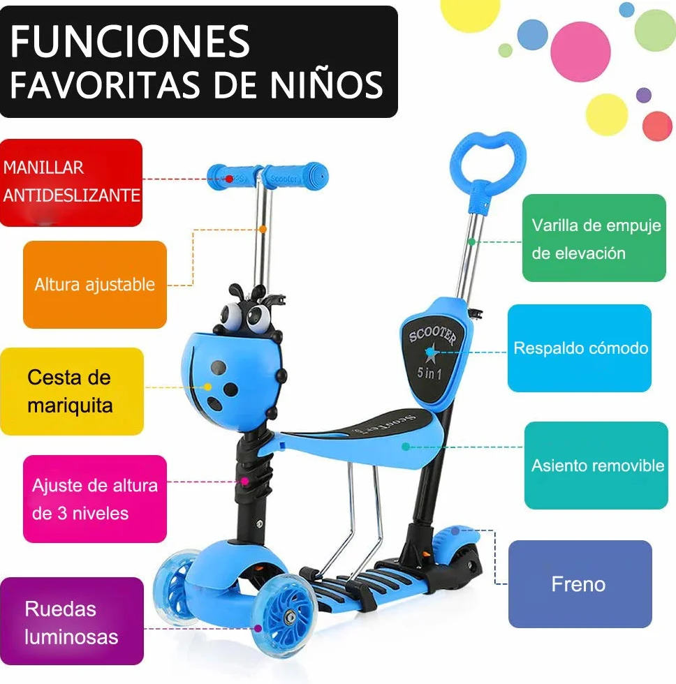 YOLEO Patinete para Niños 5-en-1, 3 Ruedas LED, Manillar Ajustable, Asiento Extraíble, 50 kg, Azul