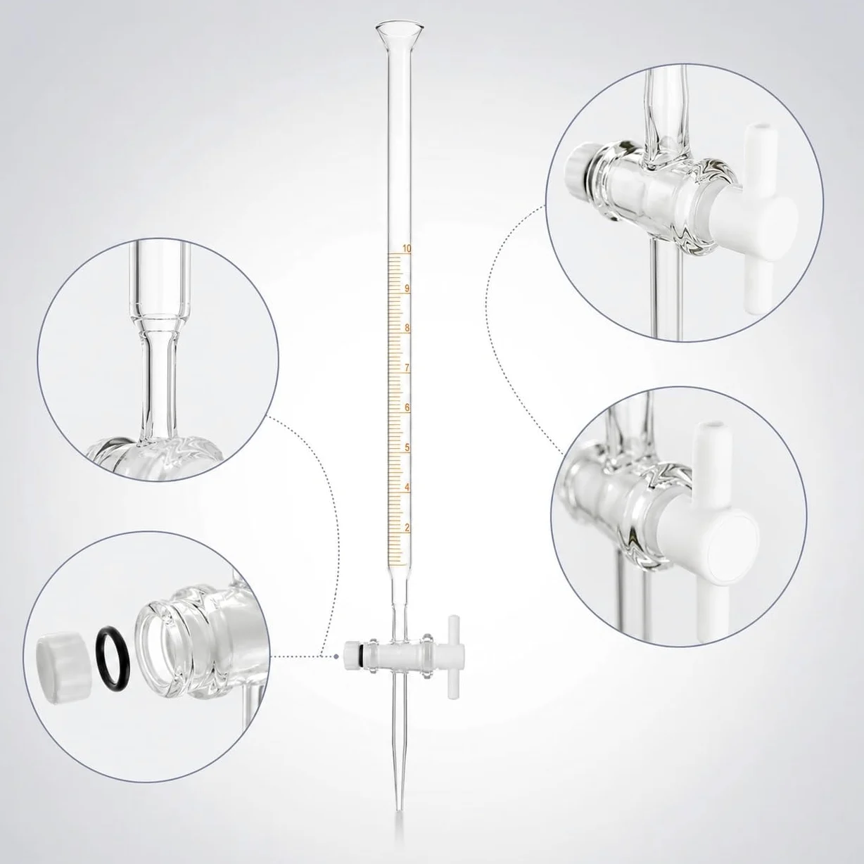 Bureta Vidrio Laboratorio Embudo Acampanado Válvula PTFE-1mL/0.01 | Material Vidrio Laboratorio Multiuso Ideal para Valoración y Análisis Multireactivo