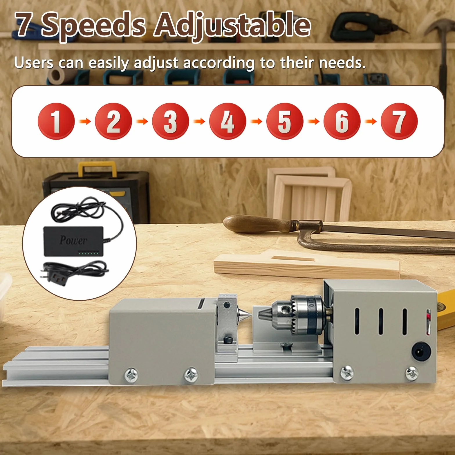 Mini torre de metal, 96 W, 4000-9000 rpm, 7 velocidades, rango de sujeción de 0,6 a 6 mm, torno de mesa para carpintería DIY