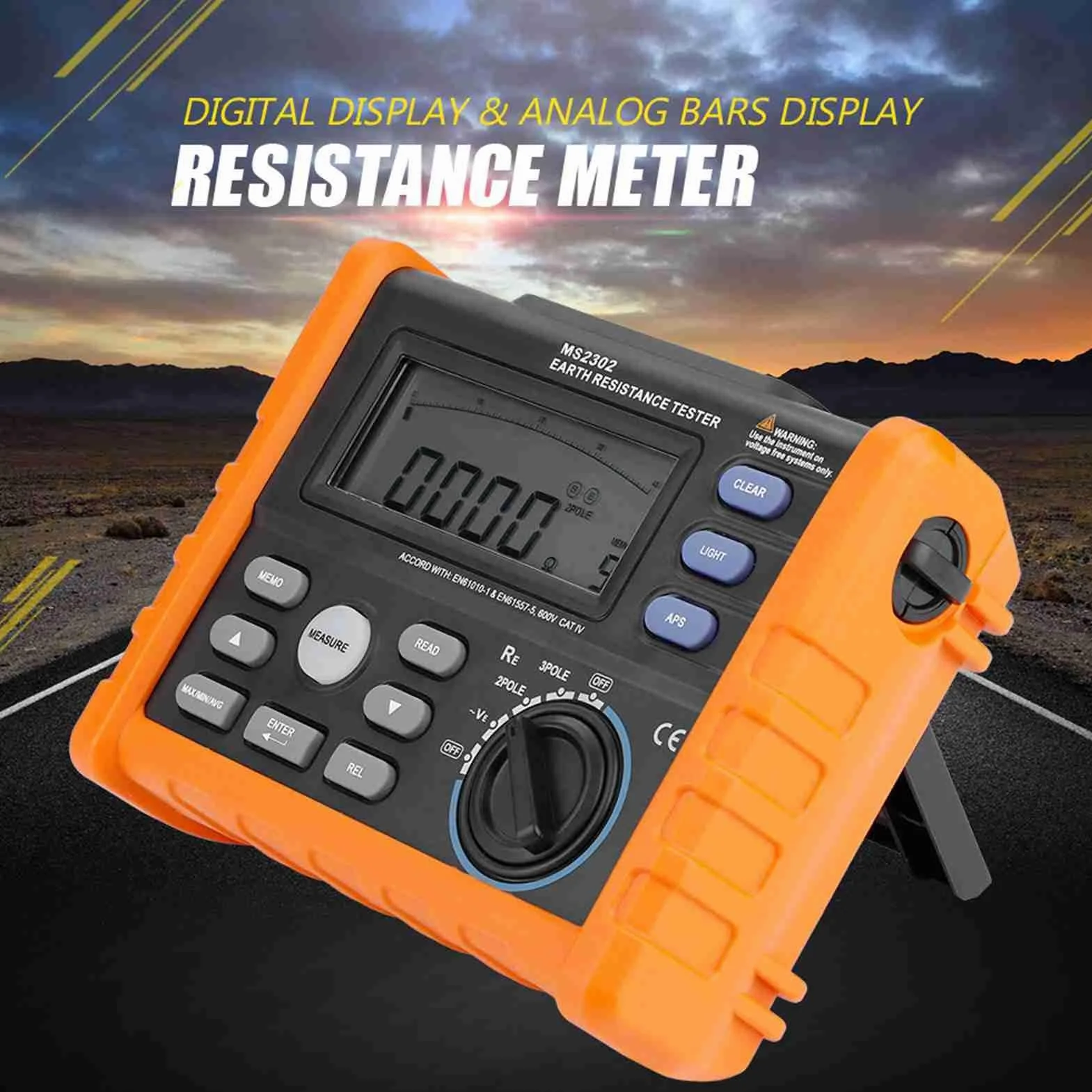 PEAKMETER MS2302 Probador de Ohmios de Varilla de Conexión a Tierra Digital, Medidor Analógico Probador de Resistencia a Tierra, 0 ~ 4K Ohm 100 Grupos Registro de Datos con