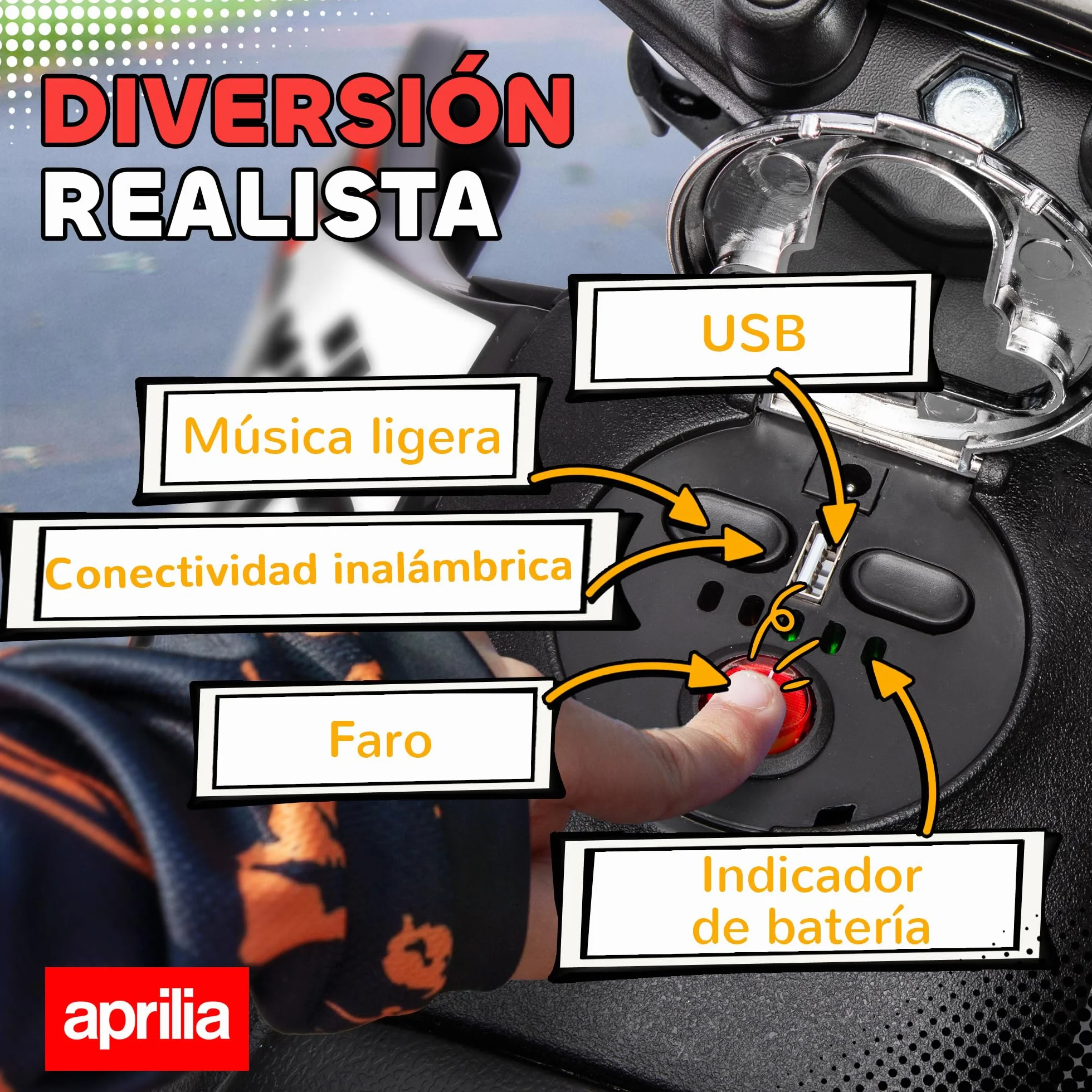 AIYAPLAY Moto Eléctrica Infantil 12V Aprilia con Ruedas Auxiliares, 6 km/h, Rojo