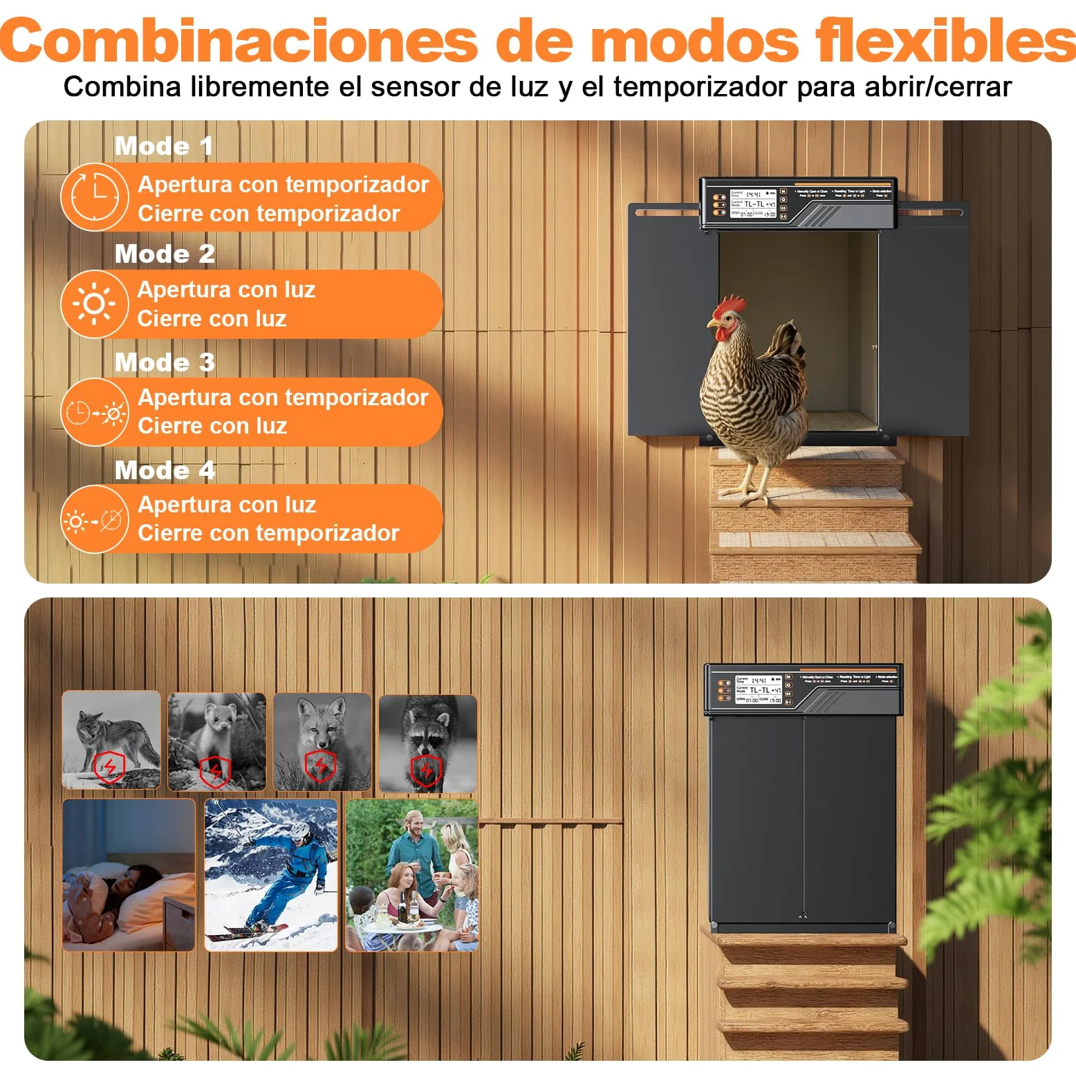 Puerta Automática Grande para Gallinero con Panel Solar de 7W, Puerta Gallinero de Aleación de Aluminio con 4 Modos, Temporizador y Sensor de Luz, Pantalla LCD de Gran Tamaño, con Mando a Distancia