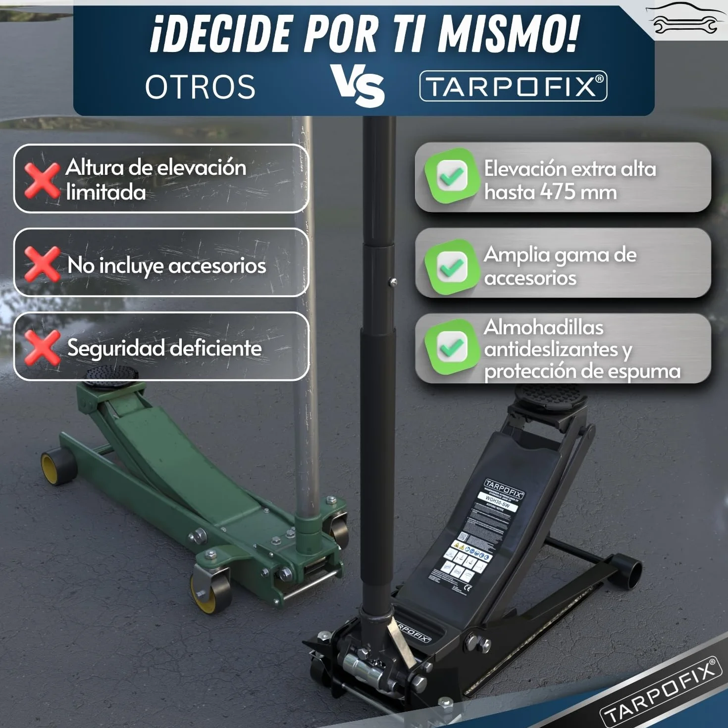 Tarpofix® Gato Hidraulico para Coche 3T — Gato Hidráulico Tipo Carretilla 3000 Kg, 85–475 Mm De Elevación, Doble Cilindro, Perfil Bajo para SUV Y Coches Bajos