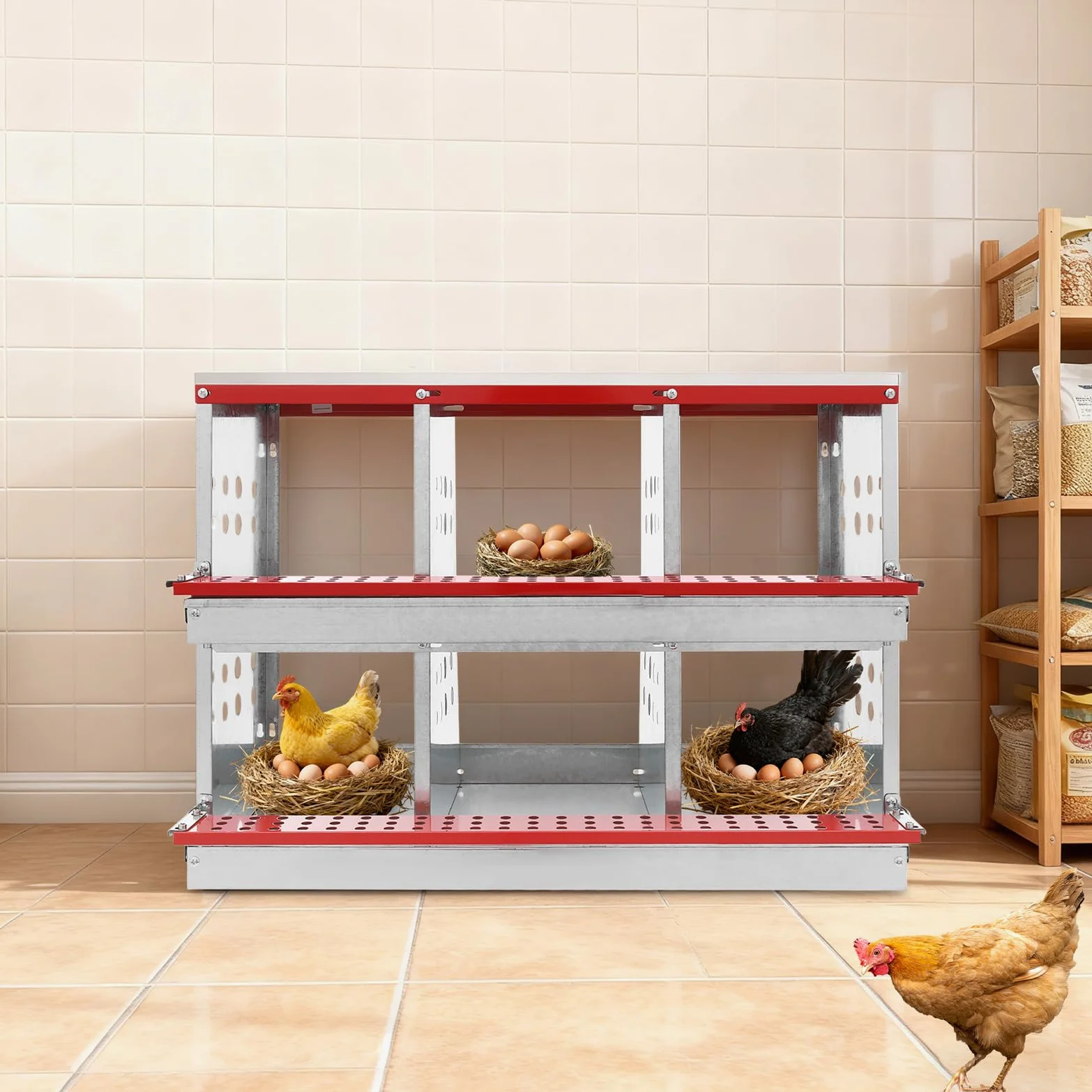 Caja nido de 6 agujeros para pollos, gallinero de metal de dos pisos, nido de pollo con orificios de ventilación para hogares, granjas y criaderos grandes