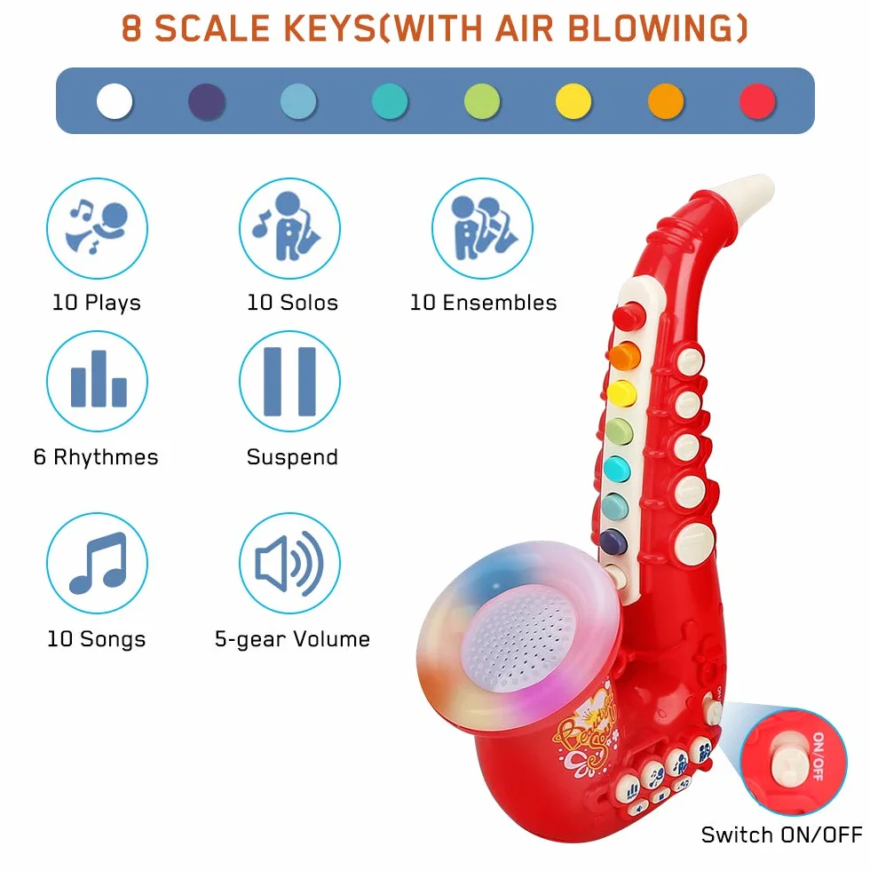 Saxofón de Juguete para Niños 8 Notas Plástico Instrumento Musical Educativo Portátil Rojo