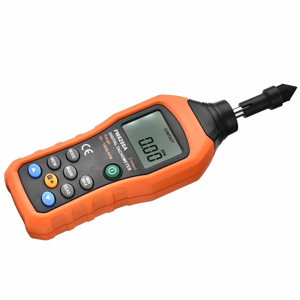 PEAKMETER PM6208A Tacómetro digital contacto Medidor velocidad motor Probador 50RPM - 19999RPM Pantalla LCD