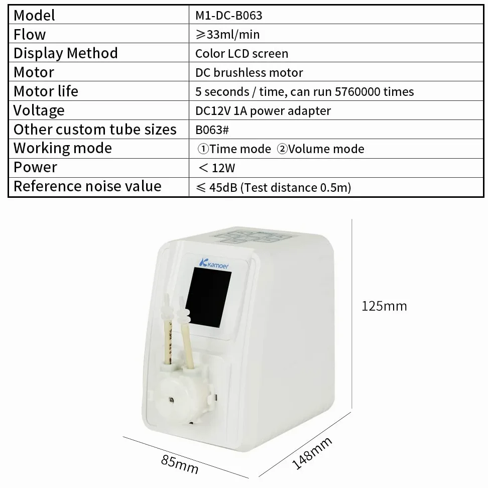 Kamoer M1-DC Bomba peristáltica inteligente 12V DC bomba dosificadora | Líquido programable de bajo flujo ajustable con control para acuario de laboratorio ≥ 33 ml/min
