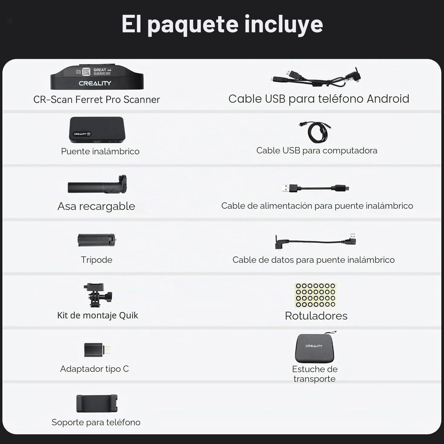 Creality 3D Scanner Ferret Pro, Escáner 3D Oficial CR Scan Ferret Pro, Escaneo Inalámbrico, Seguimiento Anti-Sacudida, Escaneo Rápido a Todo Color, Precisión de 0,1mm