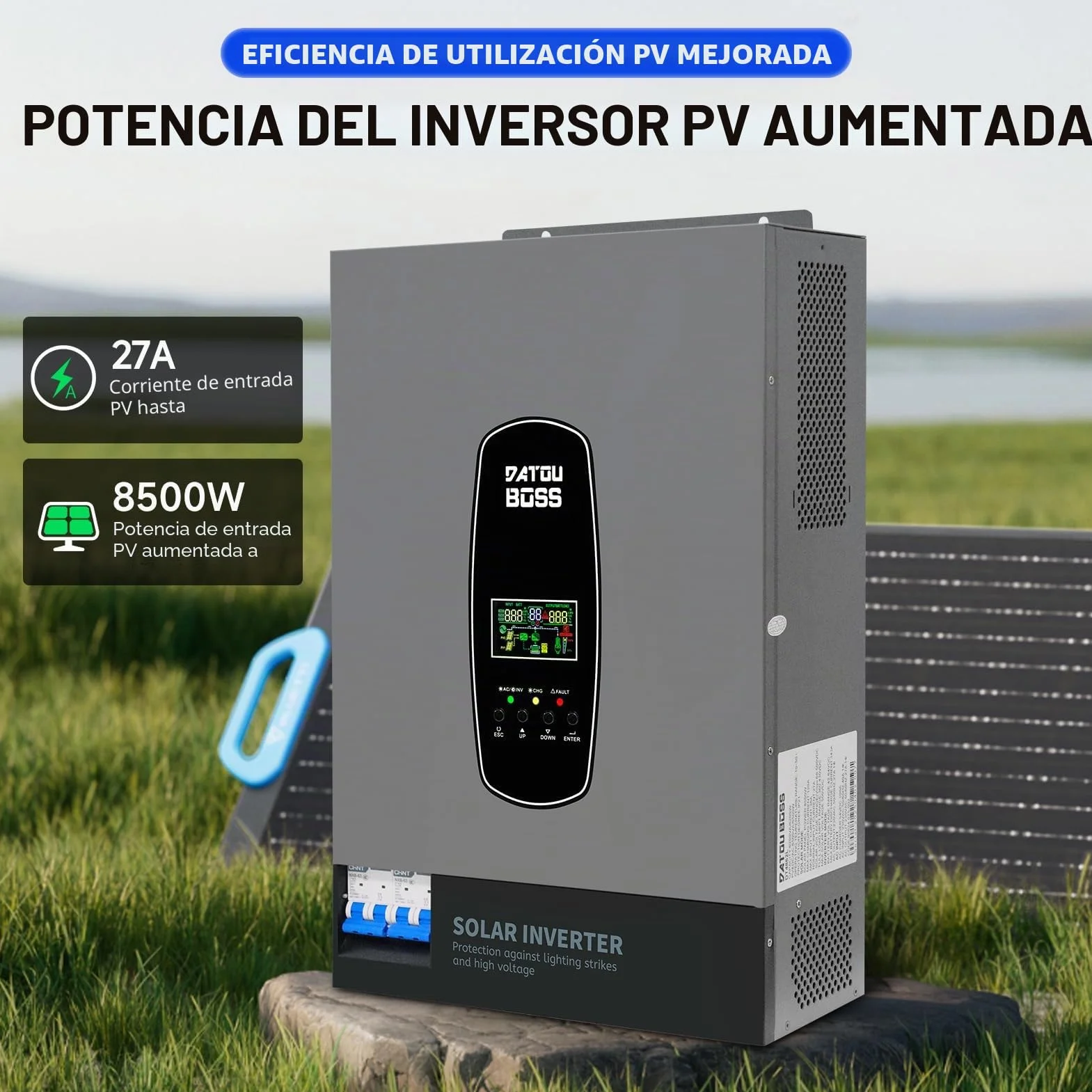 DATOUBOSS Inversor de corriente solar híbrido de 6200 W, 48 V CC a 230 V CA, inversor de onda sinusoica pura con MPPT de 120 A, entrada fotovoltaica de 8500 W, compatible con baterías de litio de 48 V