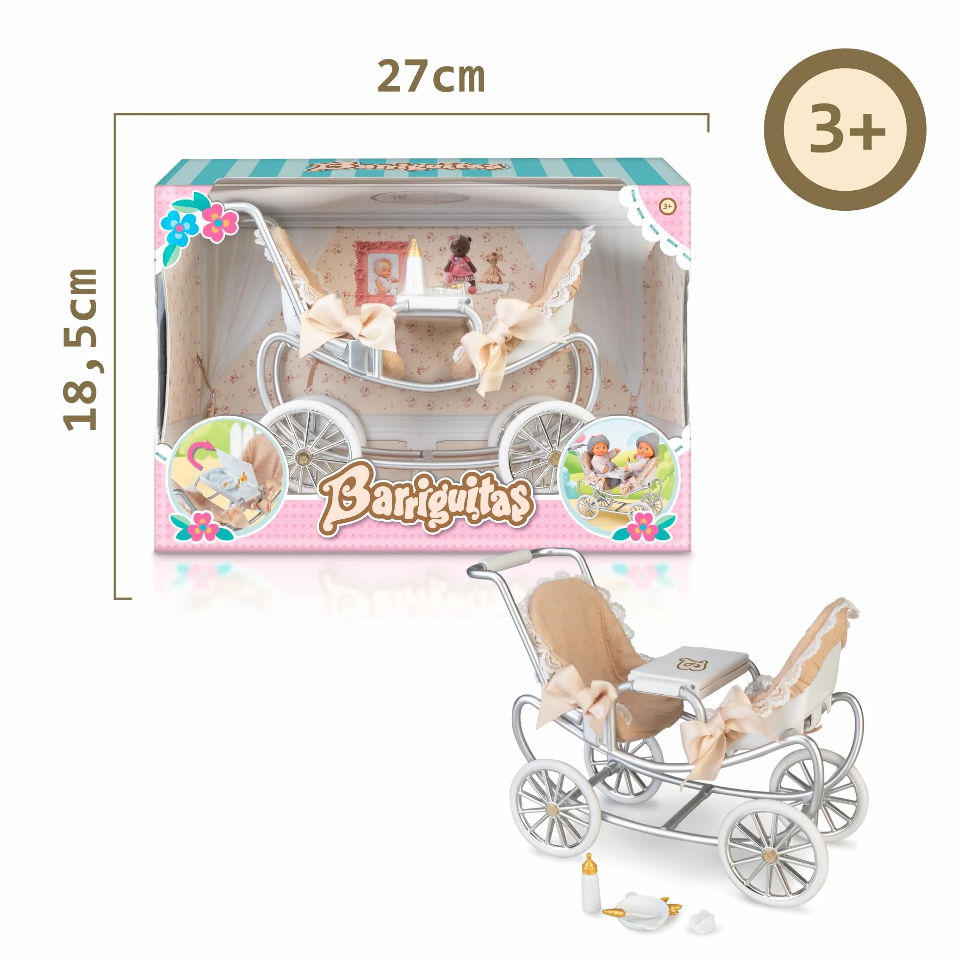 Famosa Barriguitas Carrito de Gemelos Set de Juguete con Carro de Paseo para Muñecas Bebés 4 Accesorios
